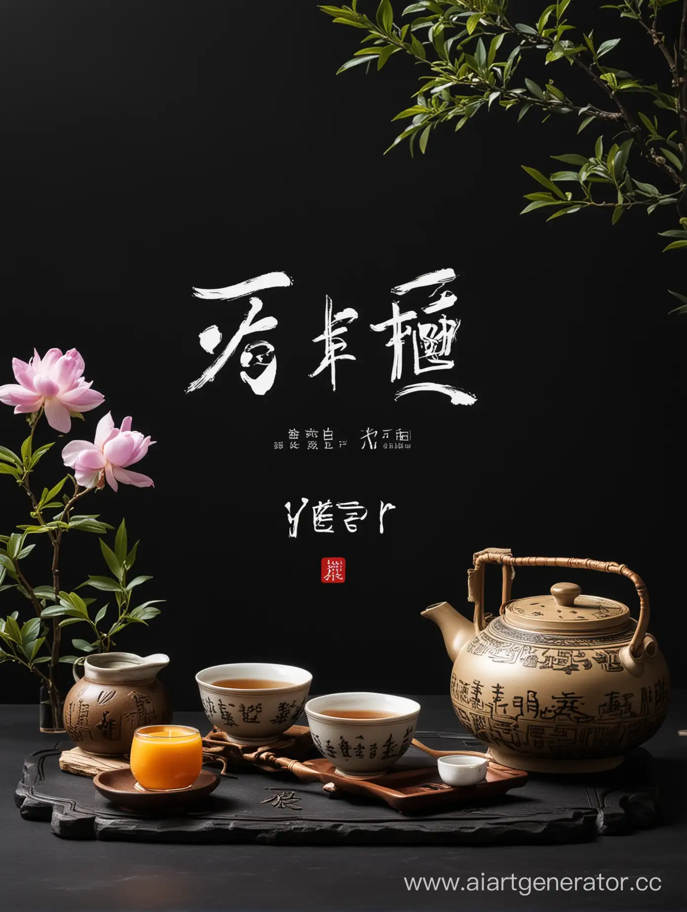 Китайская чайная церемония на черном фоне и надпись ЕТЕР