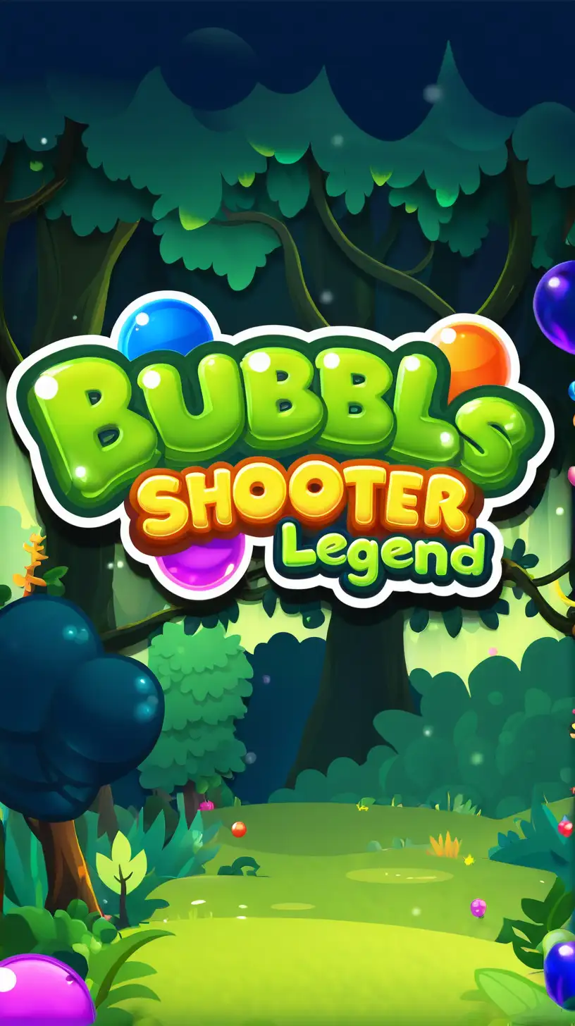 The game logo of the bubble shooter mobile phone app "bubbles legend" features cartoon forest elements, colorful balloons and green trees in the style of a vibrant artist. The background is a dark blue with bright colors and soft lighting, creating an atmosphere full of fun