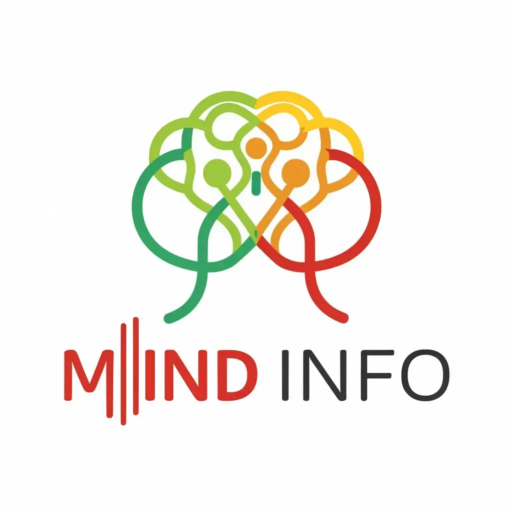 logo, telegram group, yellow ,green ,red ,white, with the text "MIND INFO", typography, be used in Technology industry