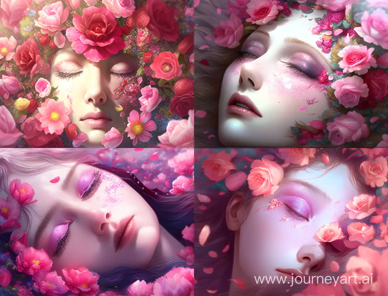 a close up of a woman's face surrounded by flowers, featured on cgsociety, (pink colors), dormant nature, synthetic bio skin, the flower prince, sleeping beauty, japanese flower arrangements, large individual rose petals
