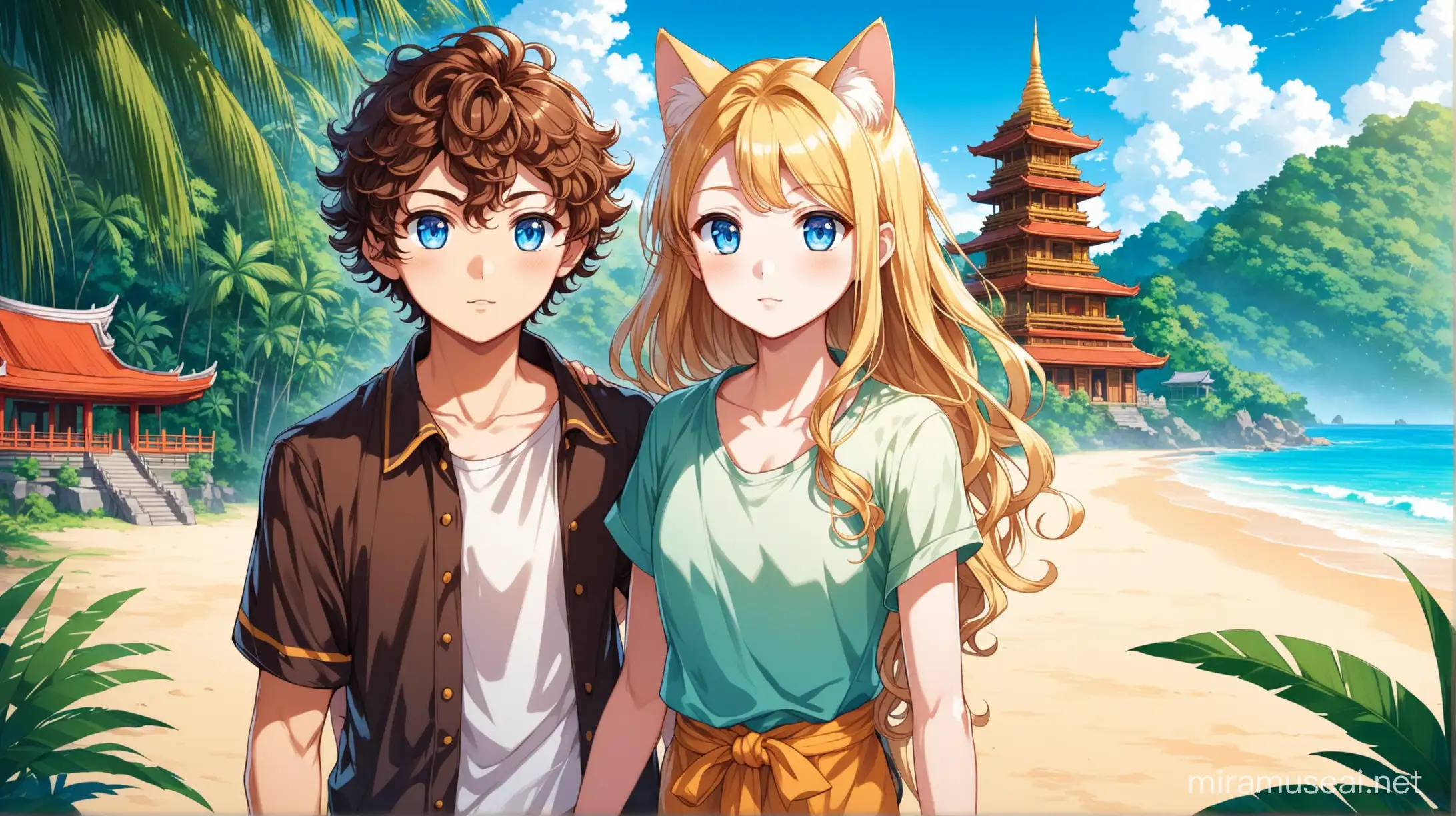 Young boy with brown curly hair, and blue eyes, young girl with long blond hair and blue eyes, travelling outfits, South East Asian jungle, beach, ancient Buddhist temple in the background, cat ears, anime style