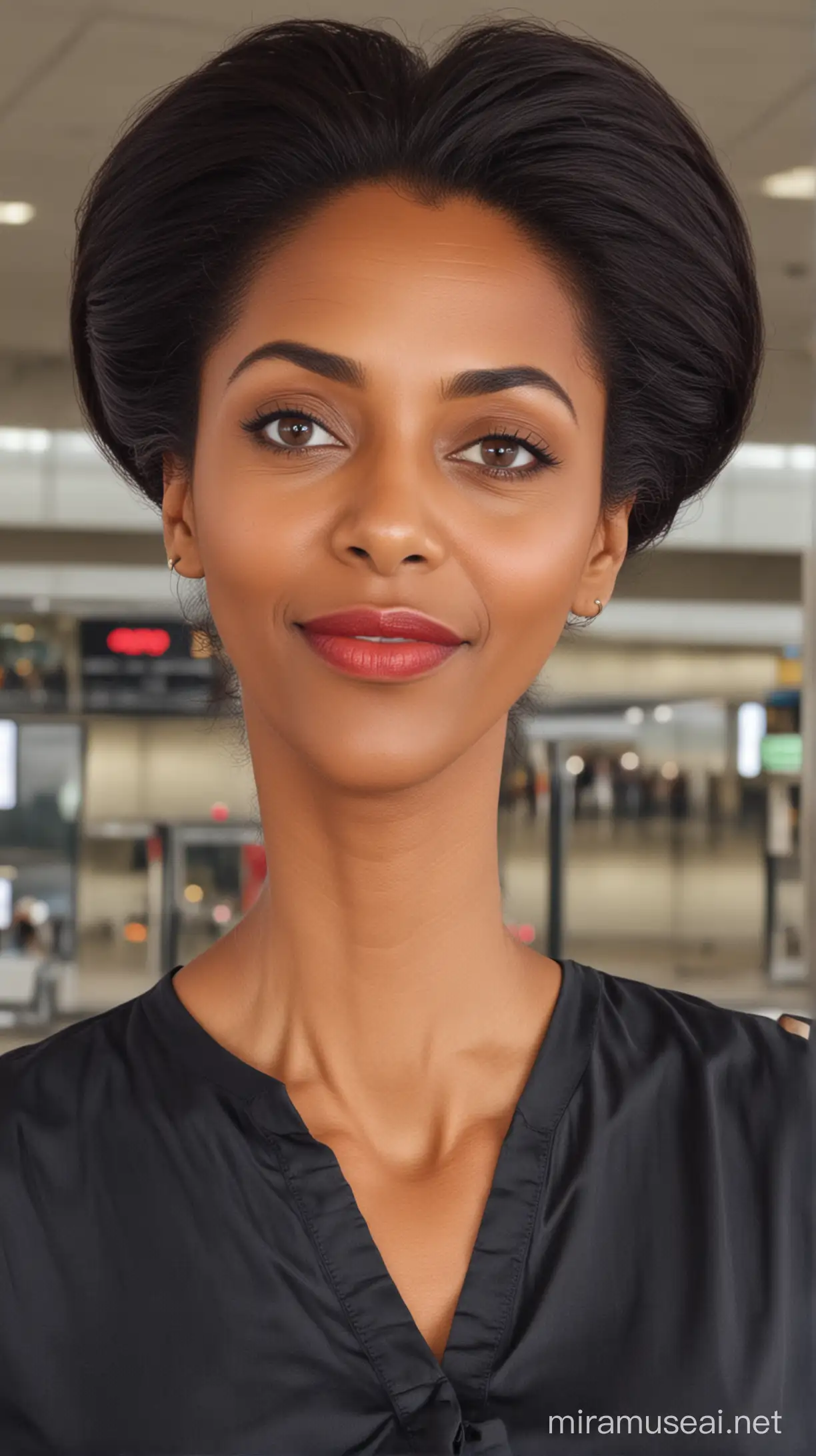 A 63 year old black skinny woman with big eyes, straight nose, small red lips, sharp chin and long straight hair with a bun at back wearing a kurti and standing at a airport