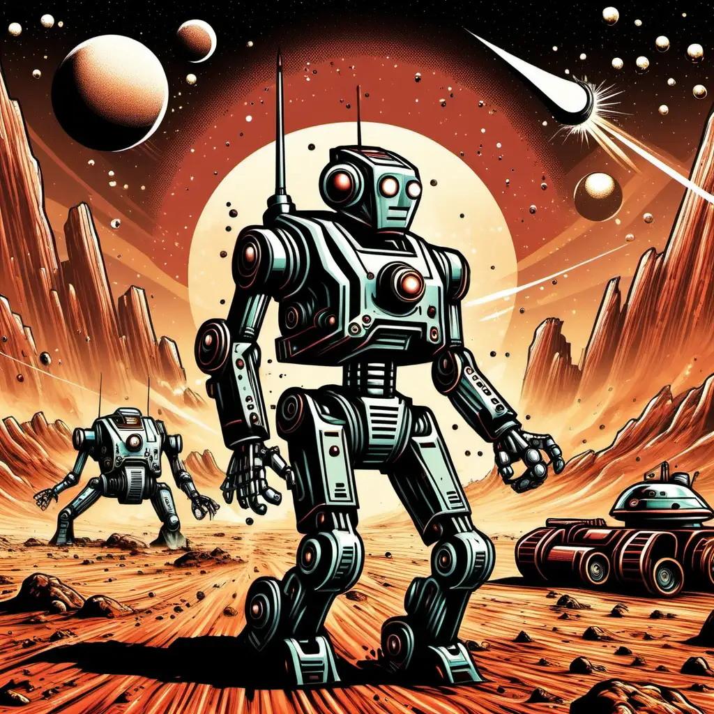 robot war, on mars, lots of lasers and explosions, in the style of a 50's science fiction