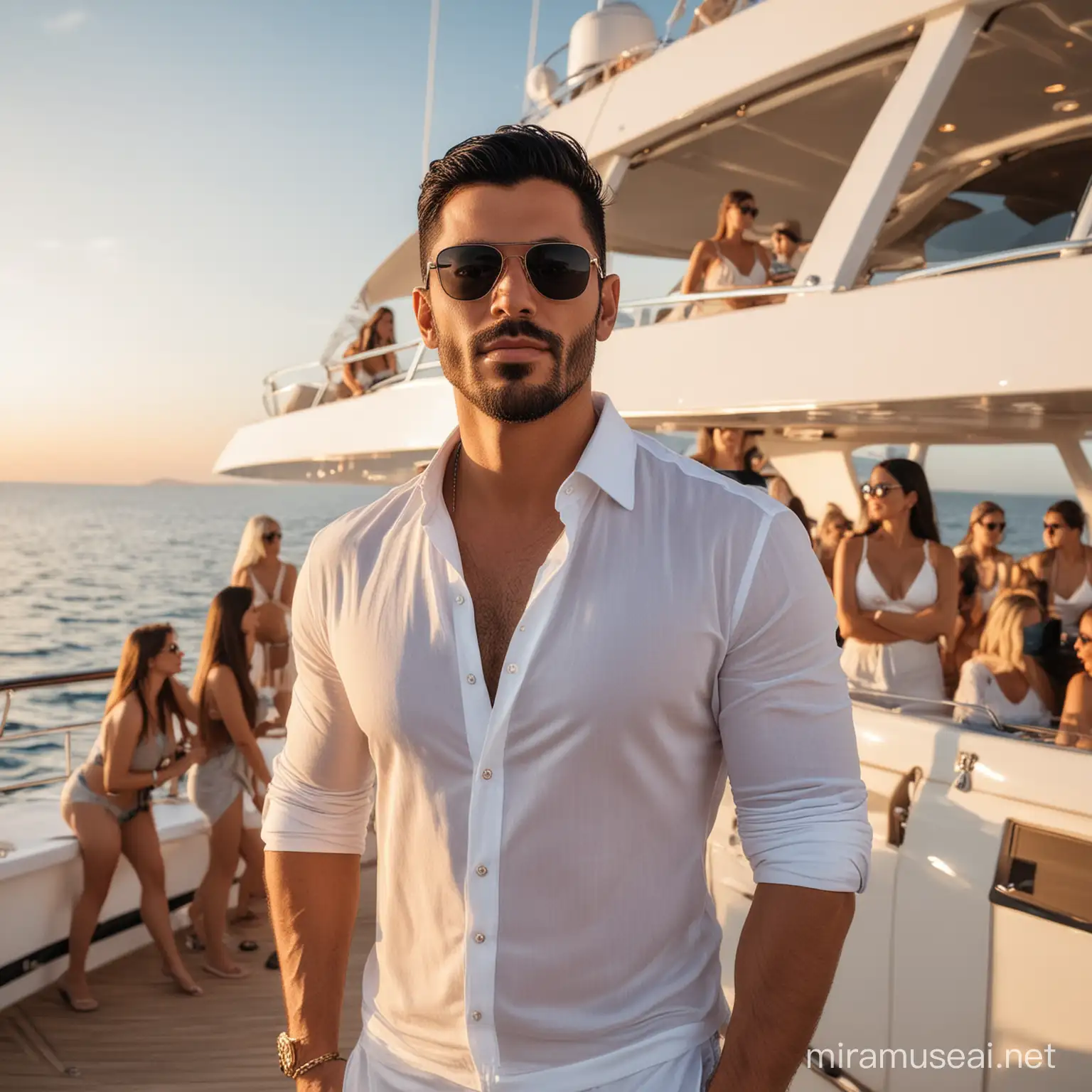 Sleek Man with Black Hair and Shades Amid Luxurious Women on Yacht at Dusk