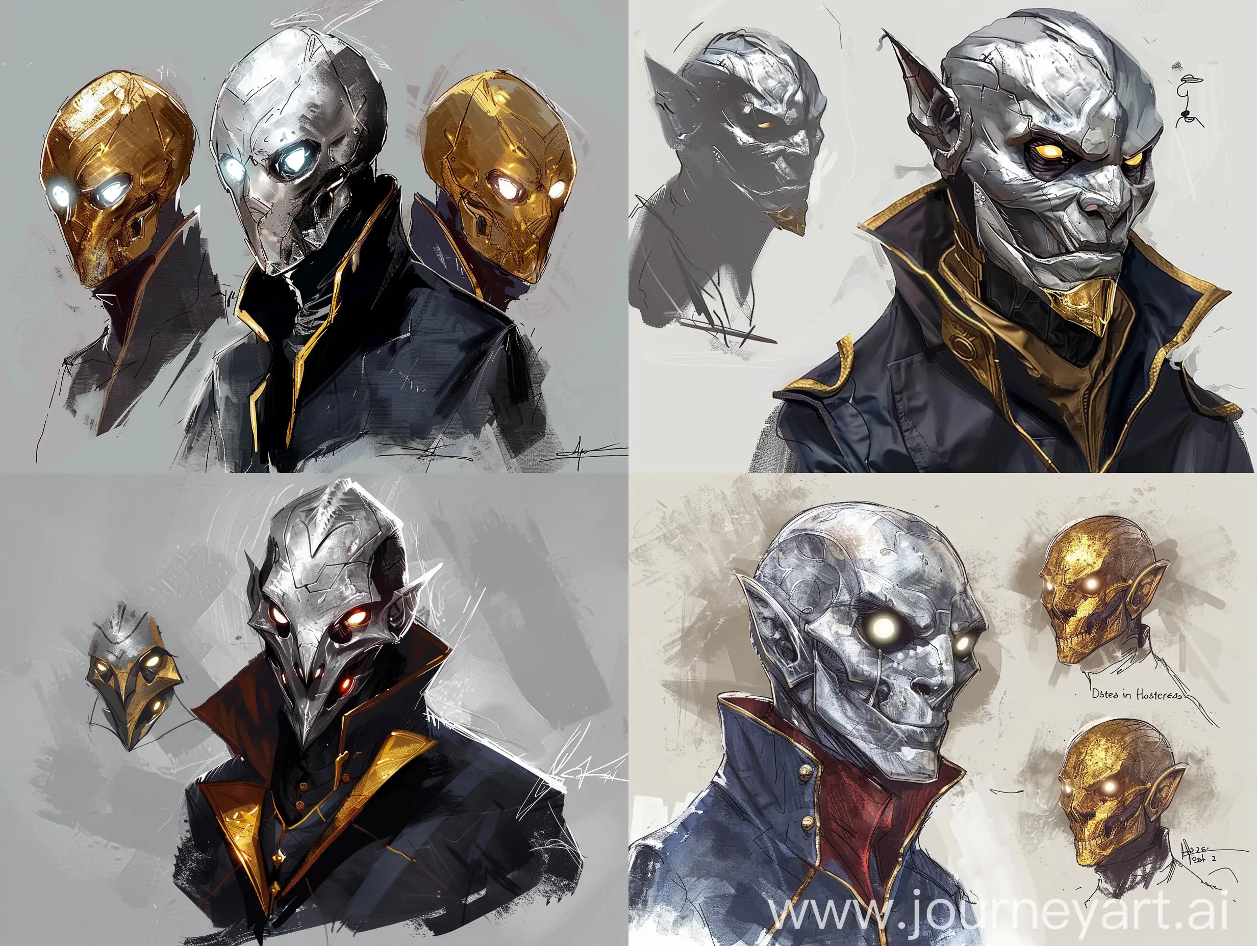 concept art reference, comics style demon lord, silver eyesles mask, glow eyes, humanization, in science coat, gold mask, portrait sheet