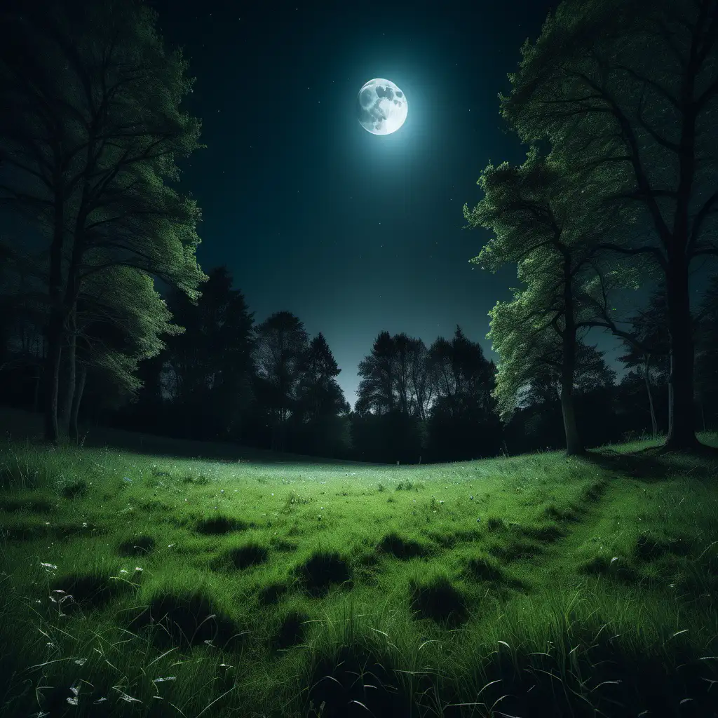 a moonlit meadow with a grassy clearing surrounded by trees