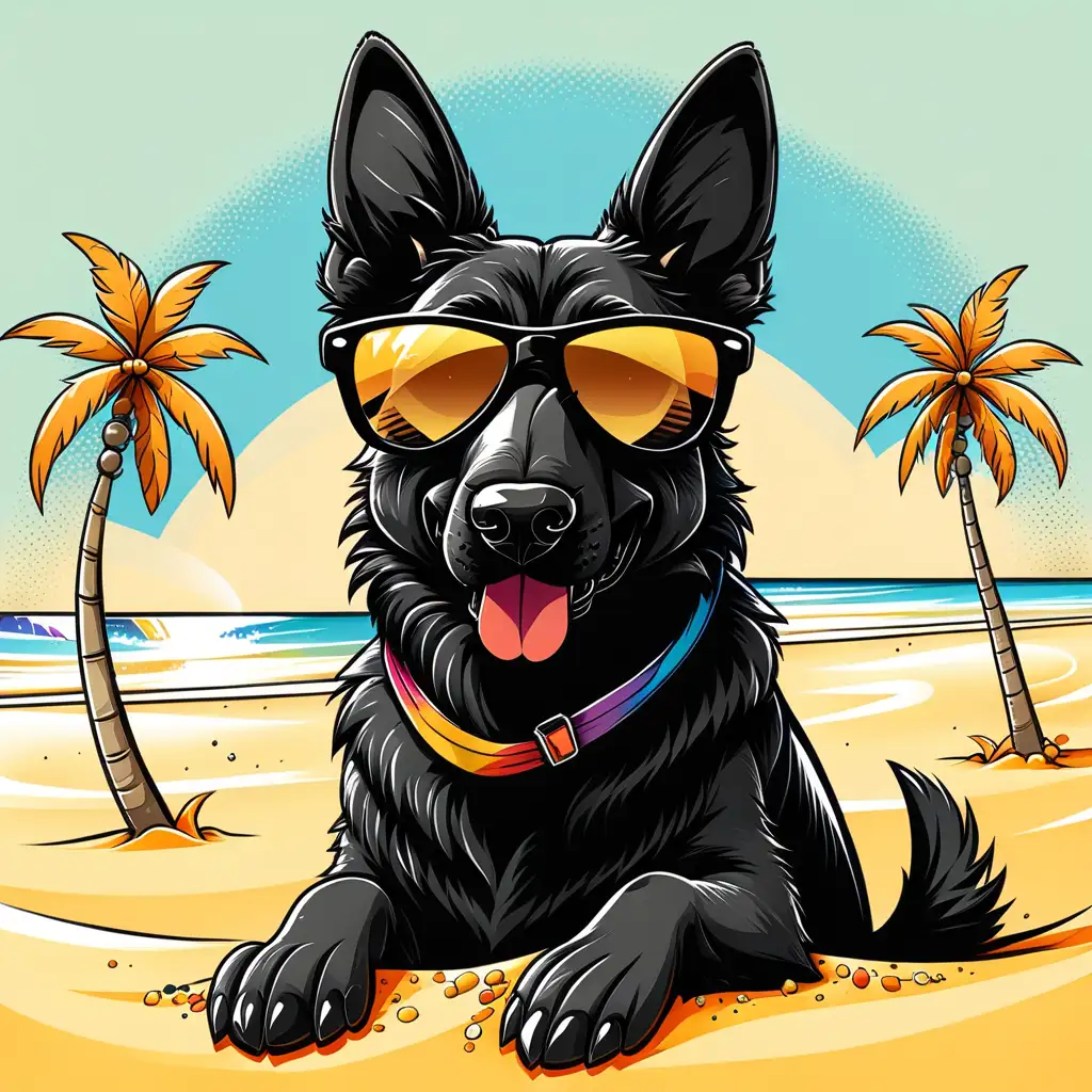 Cartoon black german shepherd in sunglasses on the beach, sand, 7 colors in image, design for a t-shirt