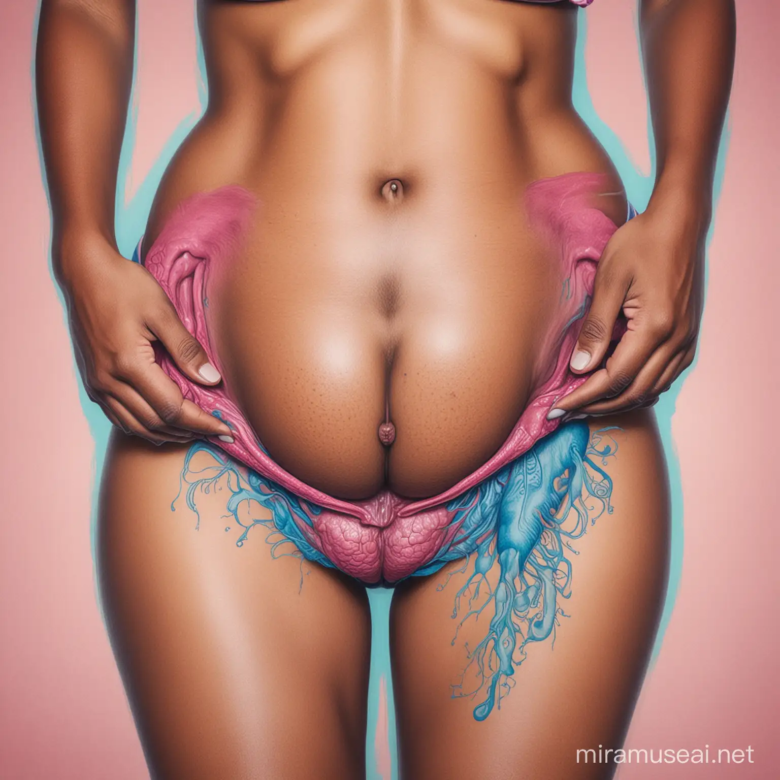 Der Bauch einer schwarzen Frau mit Uterus, gezeichnet in pink und blau 