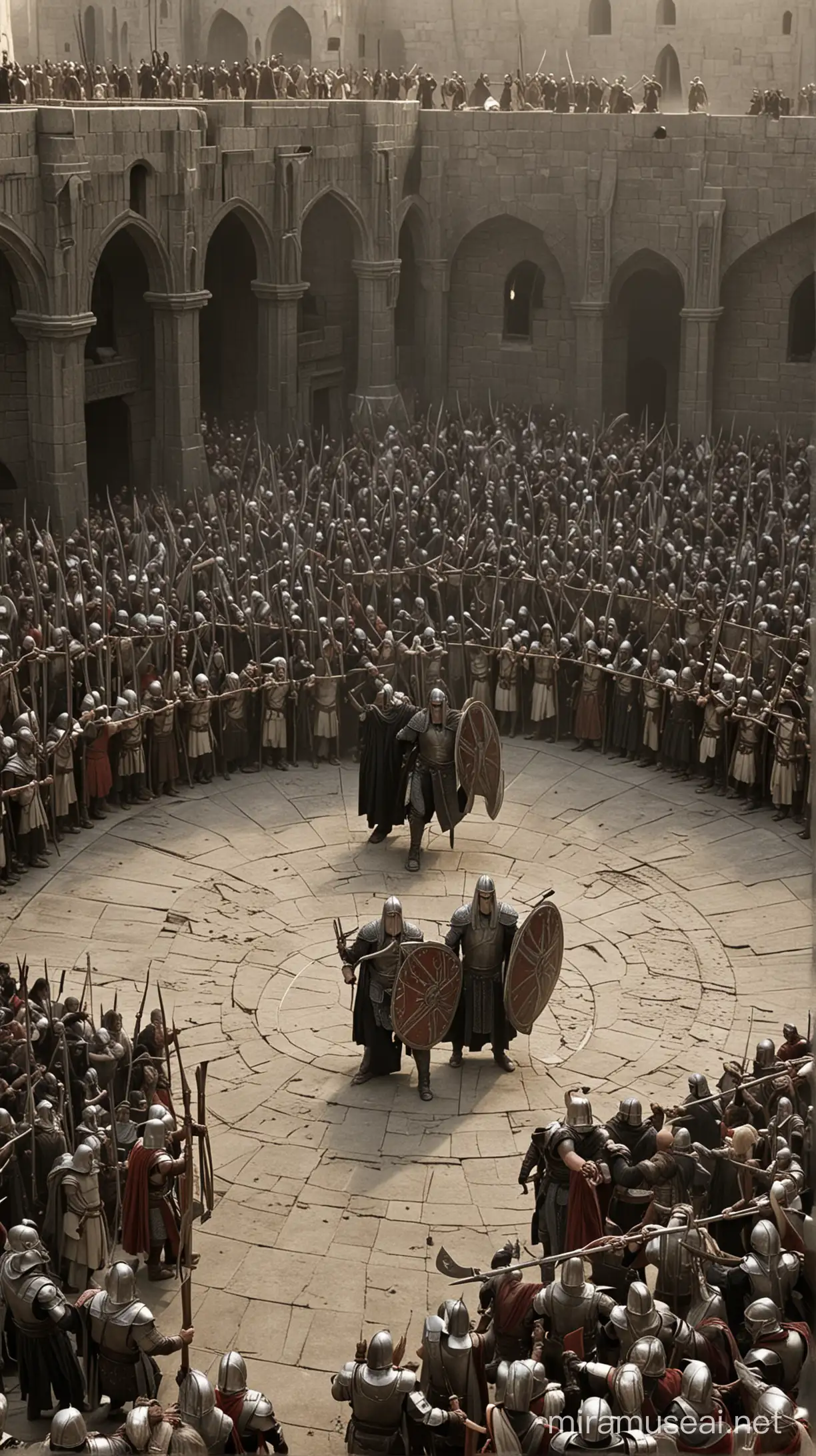 Inside the arena, near Minas Tirith, Saruman is fighting with gladiators.
