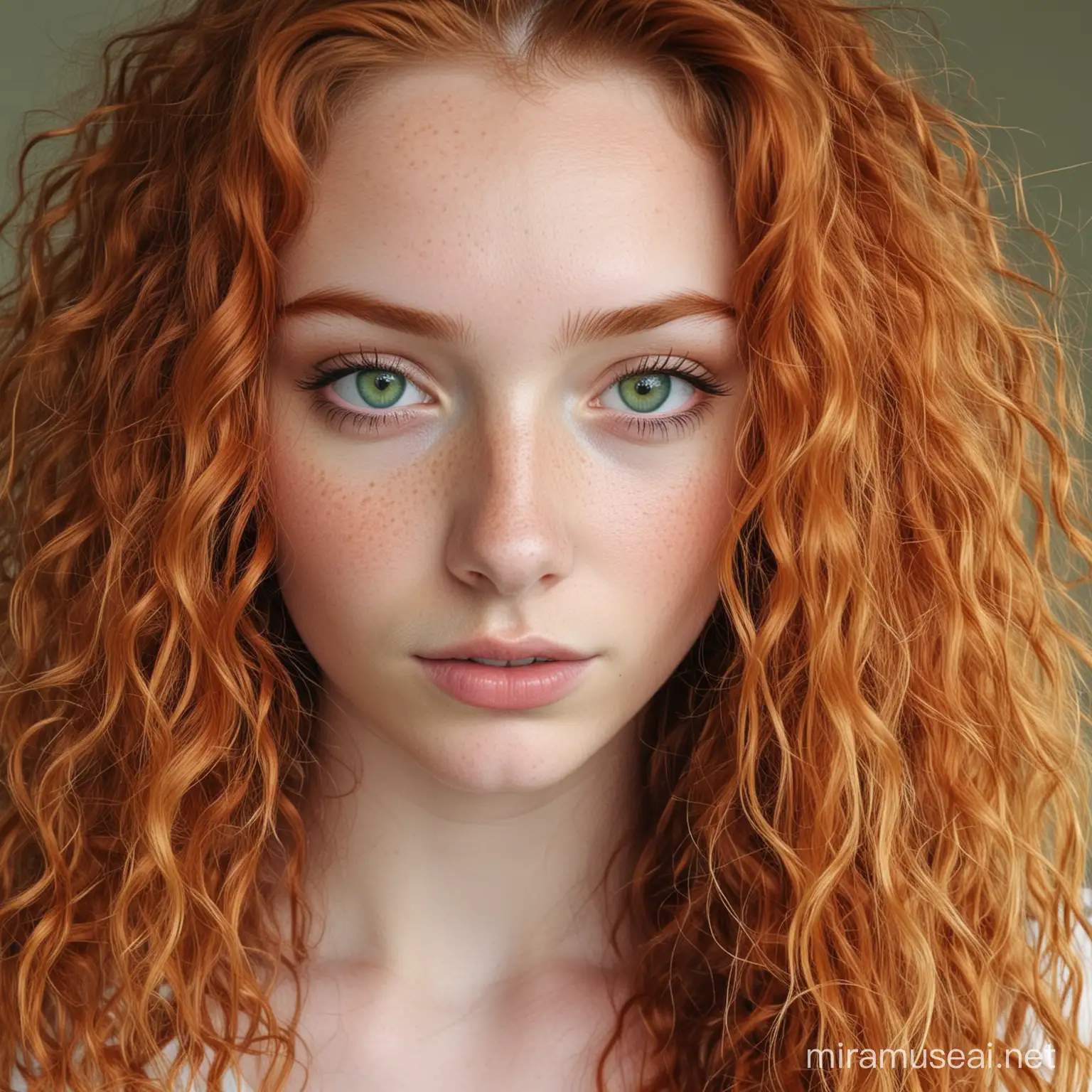 pale teen, long curly ginger hair, green eyes, freckles, septum piercing