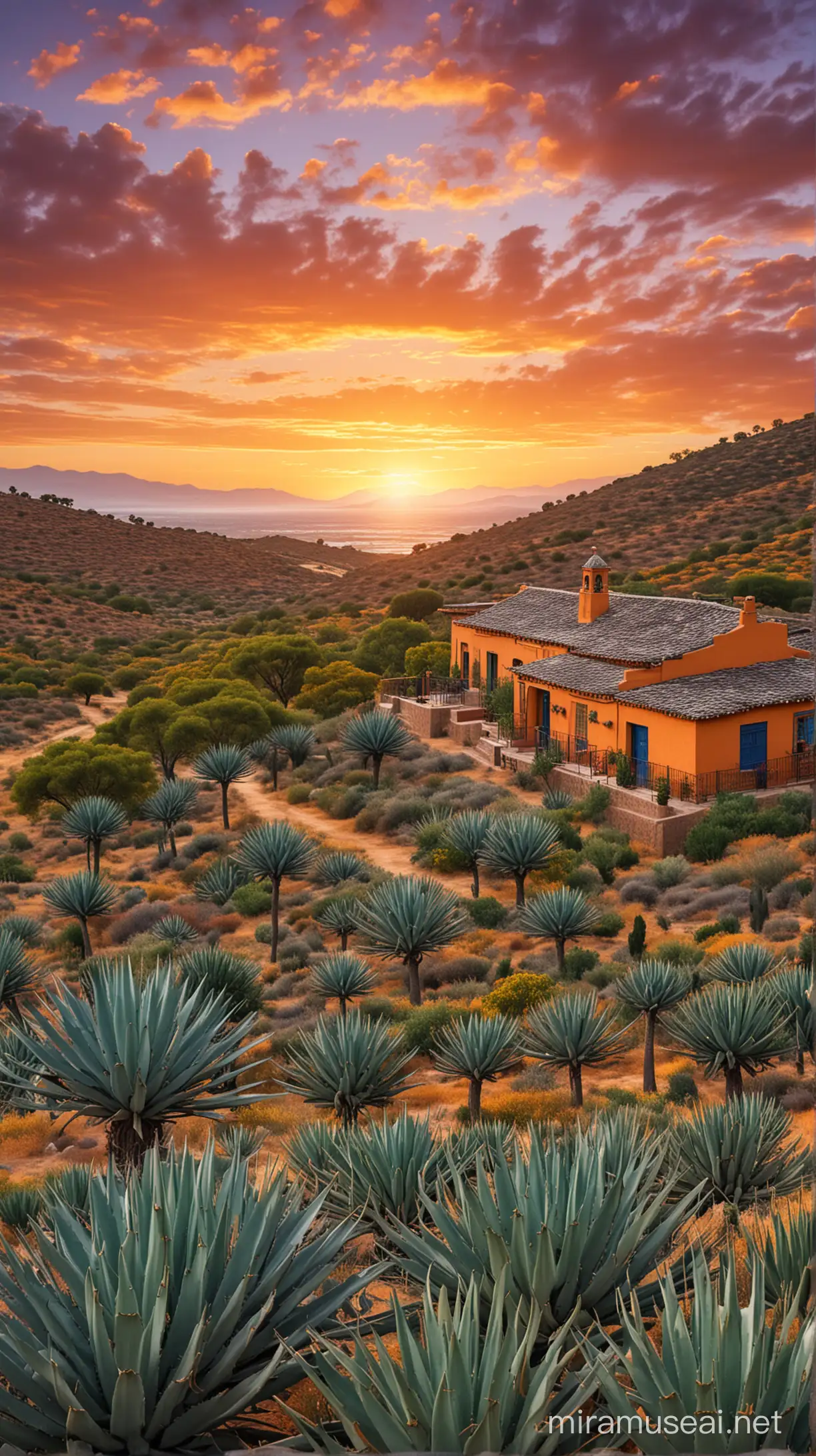 Golden Sunset Over Mexican Agave Field with Stone Houses