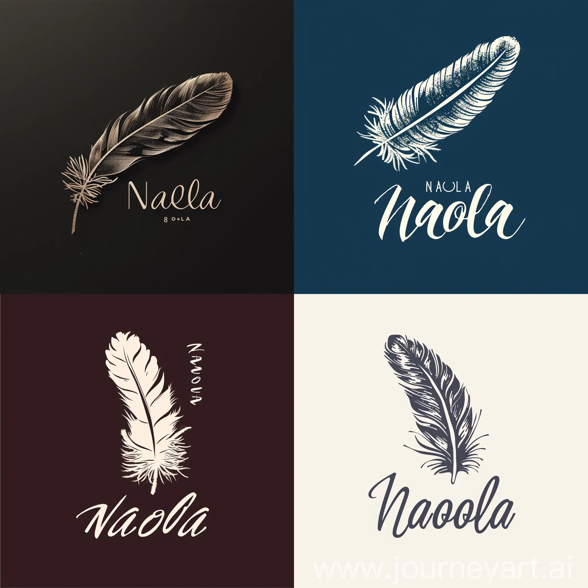 a high-quality logo designed for the workshop of women's accessories with a beaten feather. next to the logo there is the name "Naola" in modern airy fonts. 8k