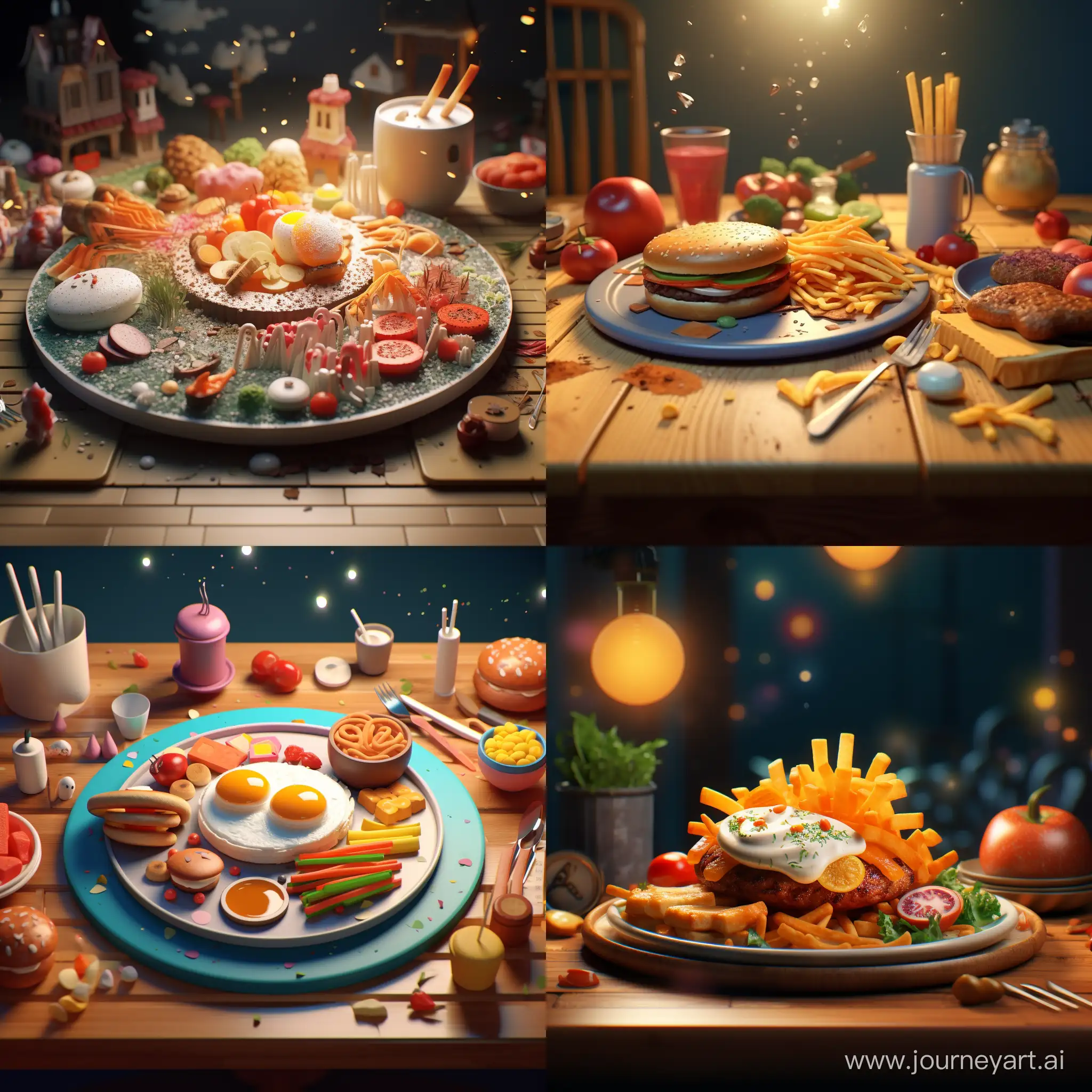 Big plate and little food. 3D animation 