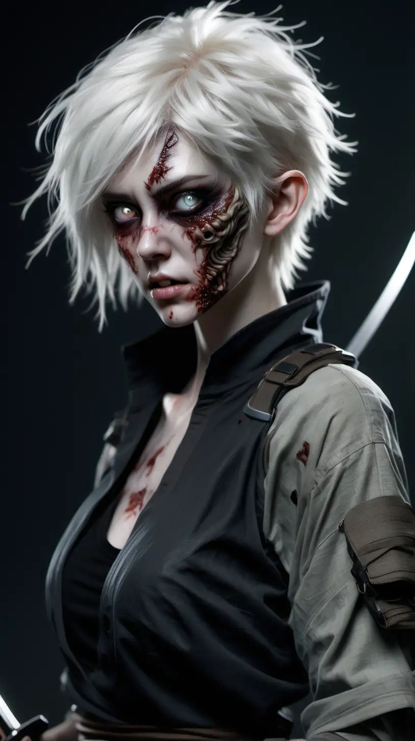 Photo realistic female pretty young tall androgyn, fit, zombie-eyes, pale skin, short messy white hair, half-dragon ronin