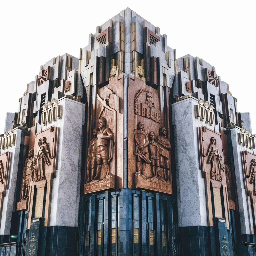 architectural design in the futuristic Stalinist Empire style, futuristic bas-reliefs with Soviet symbols, compositions of sculptural figures of workers, athletes, and military personnel. Marble, granite, and bronze are used in the design of house facades
