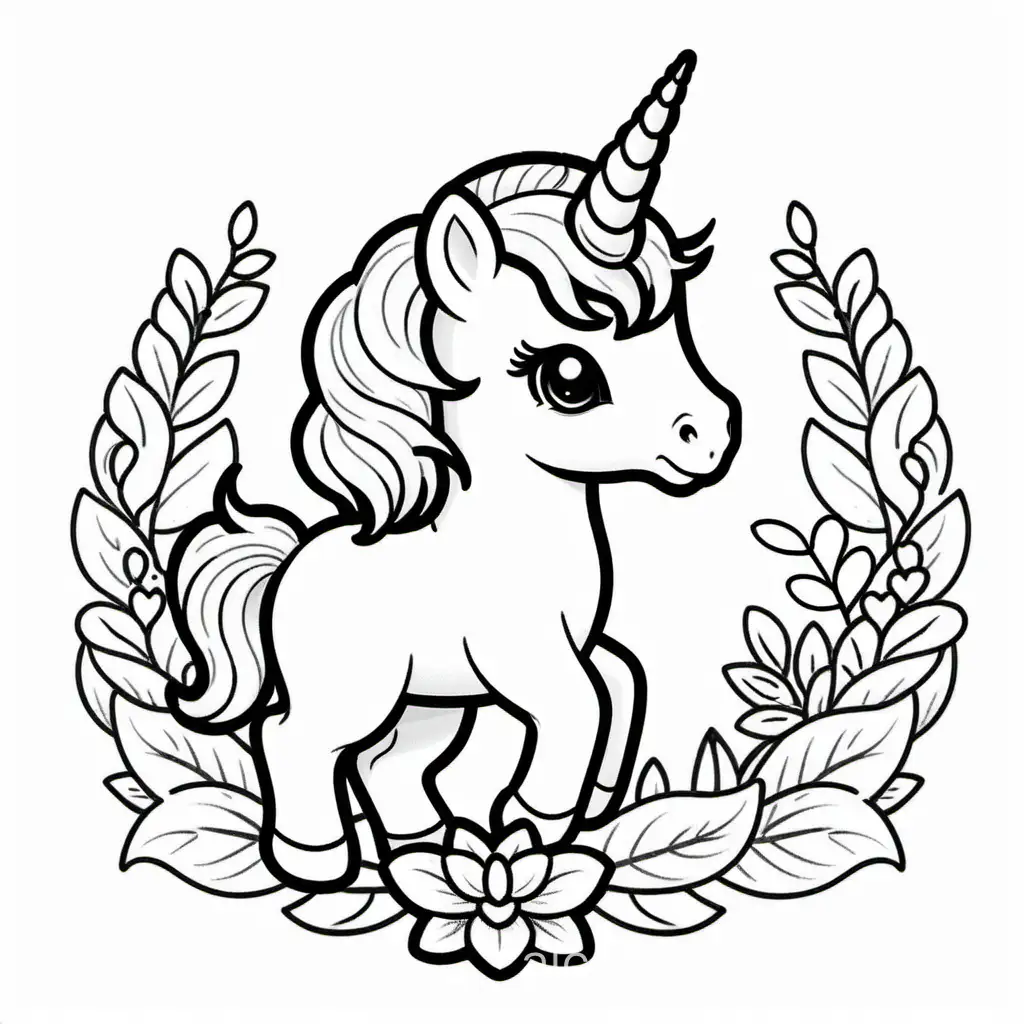 Baby unicorn, Coloring Page, black and white, line art, white background, Simplicity, Ample White Space. The background of the coloring page is plain white to make it easy for young children to color within the lines. The outlines of all the subjects are easy to distinguish, making it simple for kids to color without too much difficulty