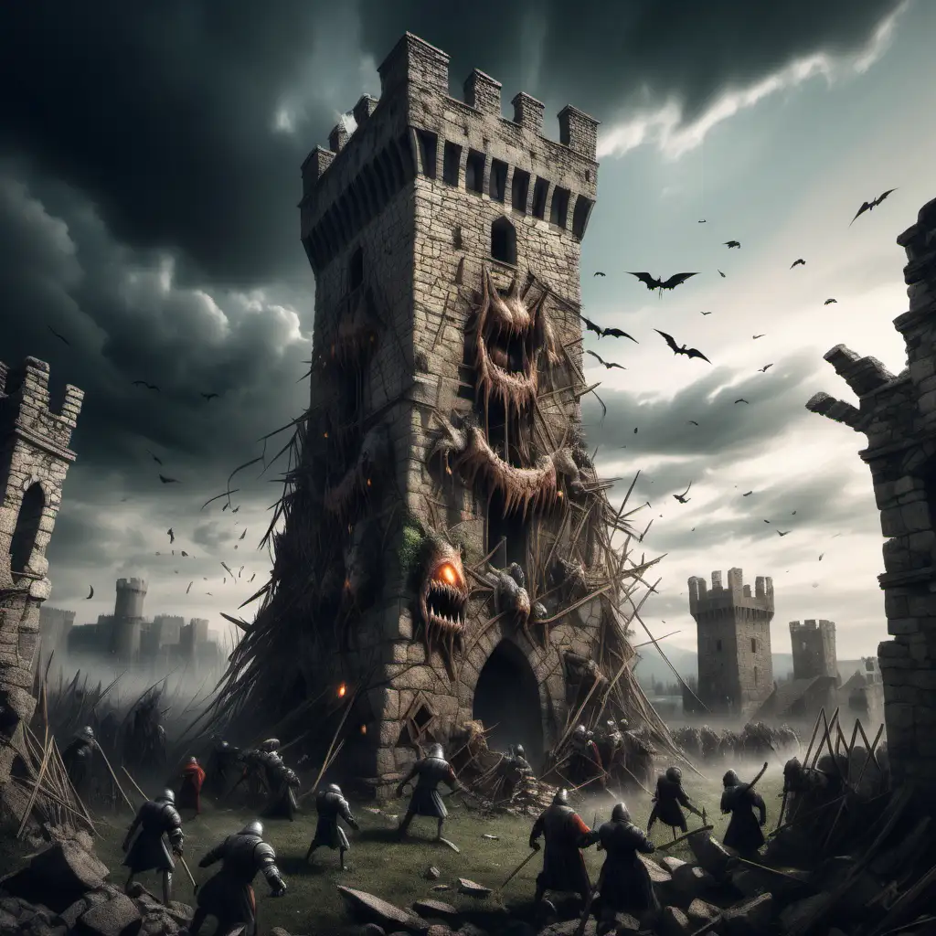 Torre de piedra medieval en ruinas siendo asediada por monstruos
