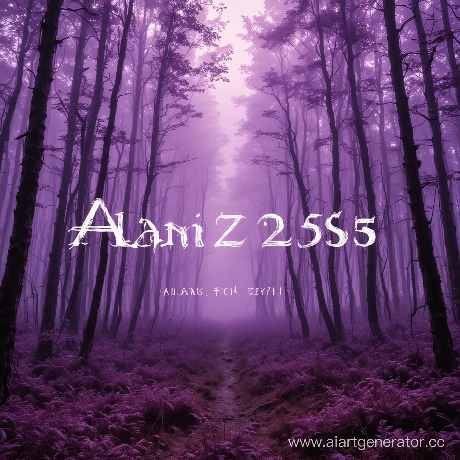 тёмный фиолетовый лес с густым фиолетовым туманом и с текстом ALANZ2559 по середине