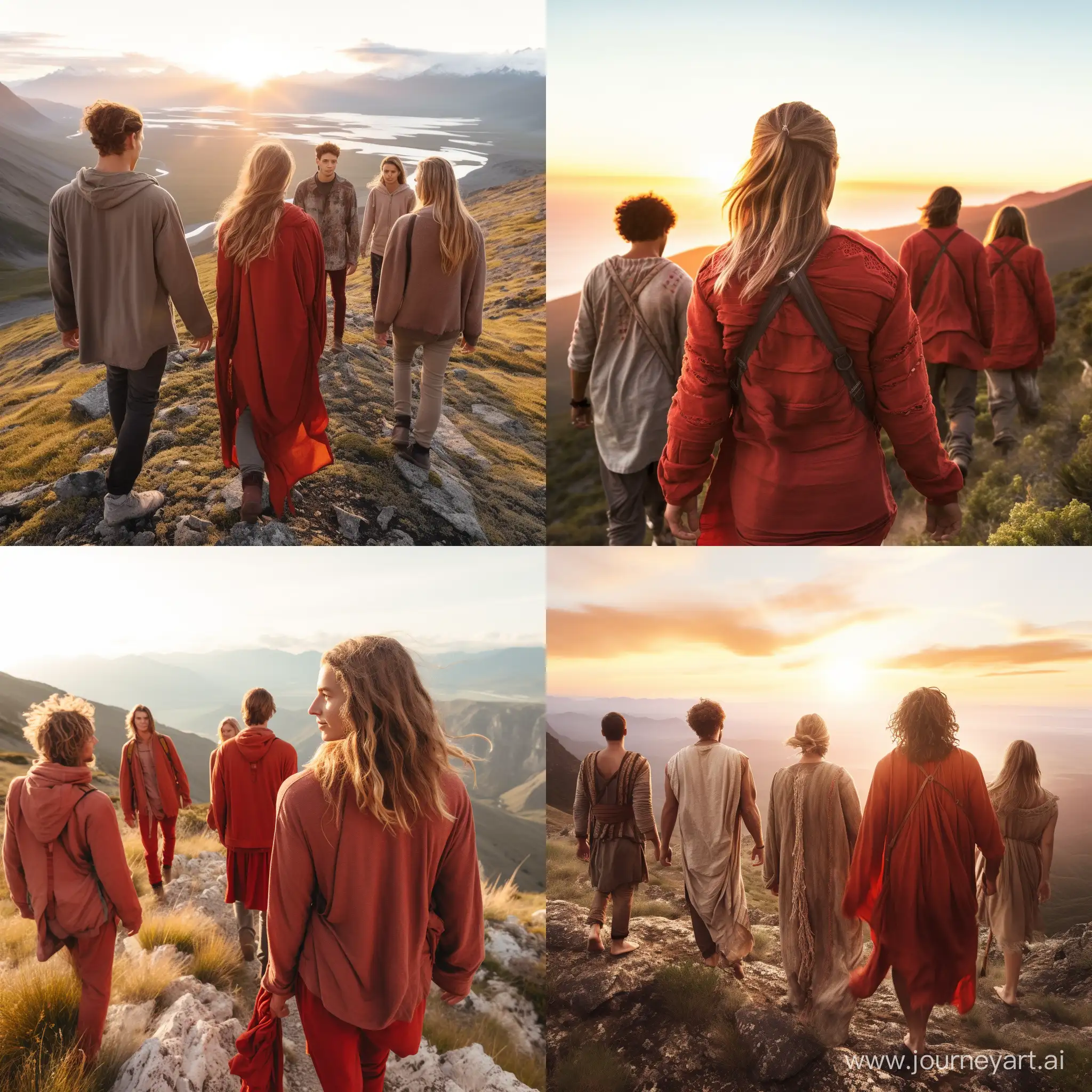 elevated view of 4 confident alpha teens dressed in rugged outdoor mountain spiritual men and women (2 men + 2 women) with shamanic clothing walking towards something important but in a calm connection with God way.  red dawn vibes, back facing camera walking away confidently.. 
