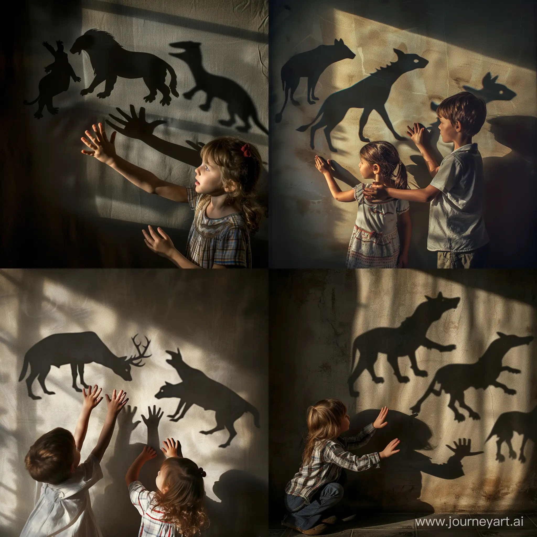 Мальчик и девочка играют в комнате в театр теней и своими руками и пальцами создают тени животных на стене, фотография, гиперреализм, высокое разрешение