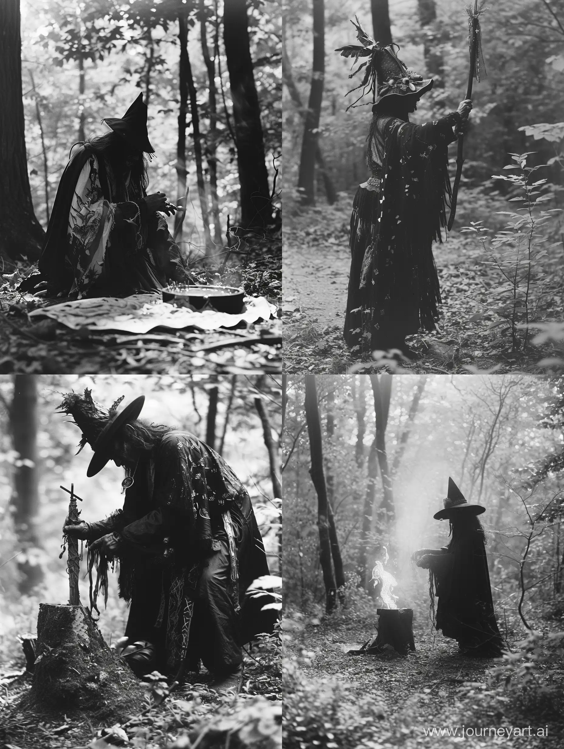 Grayscale photo that evokes folk horror. Baron samedi in an eerie forest performing a mysterious voodoo ritual, folk lore, folk horror, witch core, photo taken on provia 
