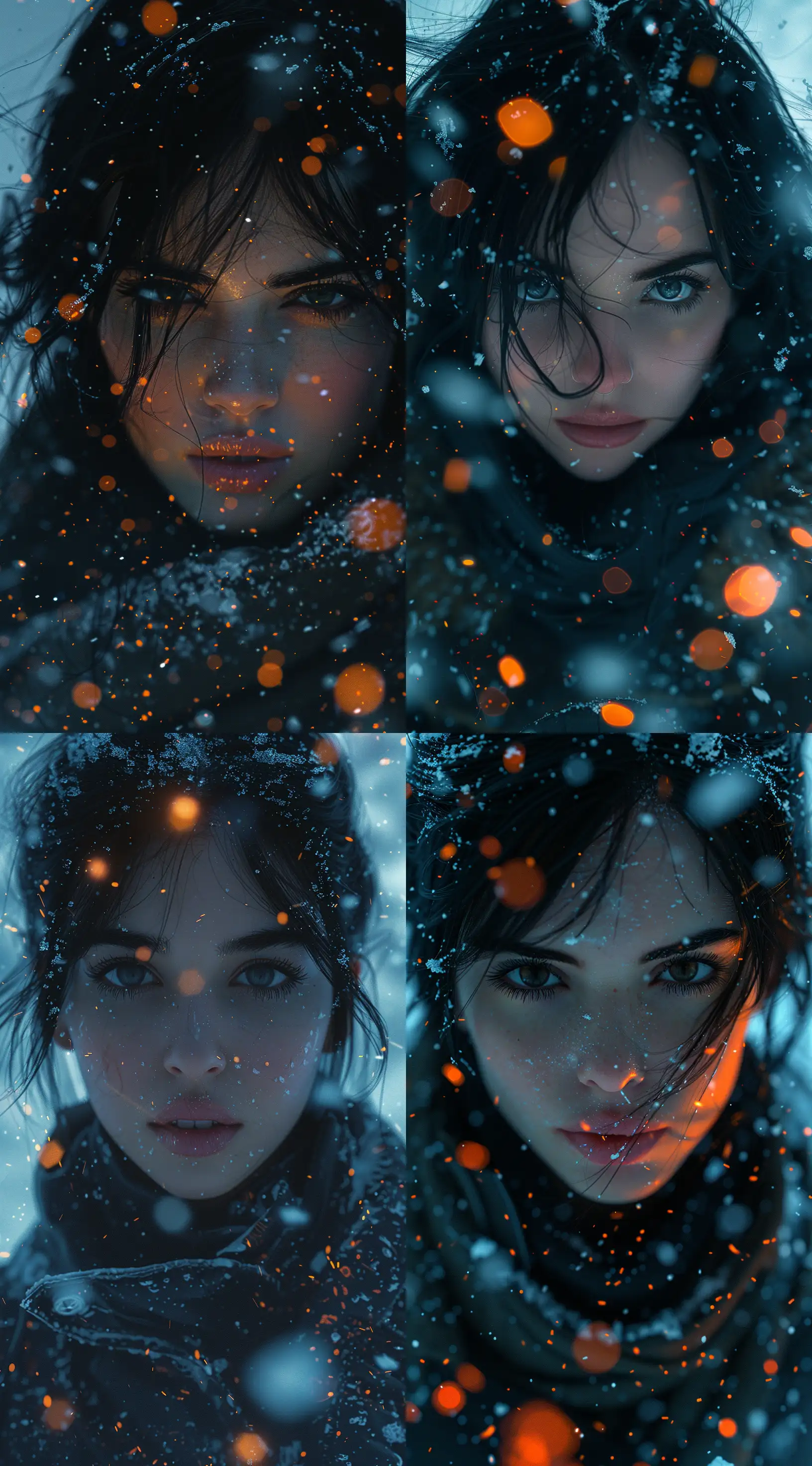 a woman with black hair, standing in snow, light cyan and orange, particles,  in the style of detailed hyperrealism, skottie young, 32k uhd, daria endresen, close up, webcore, eve ventrue, --ar 71:128 --stylize 750 --v 6