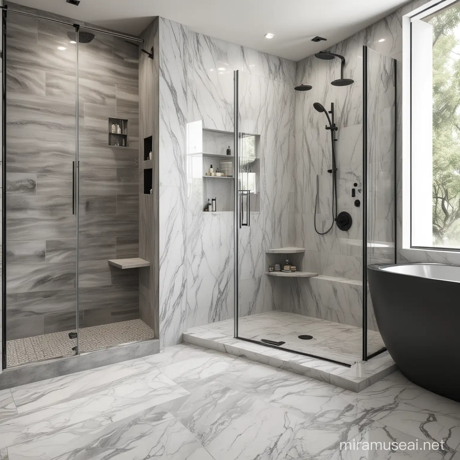 realistic modern bathroom with shower wall panels that look like white marble with gray stains and dark gray etches. flooring made from tile that does not match walls. white bath tub and stainless steel appliances. 