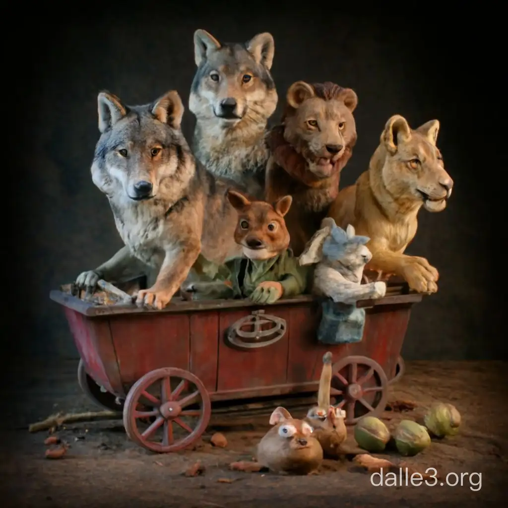 Wolves on a mare, Lions in a car, Bunnies In a tram, A Toad on a broom. They drive and laugh, They chew gingerbread.