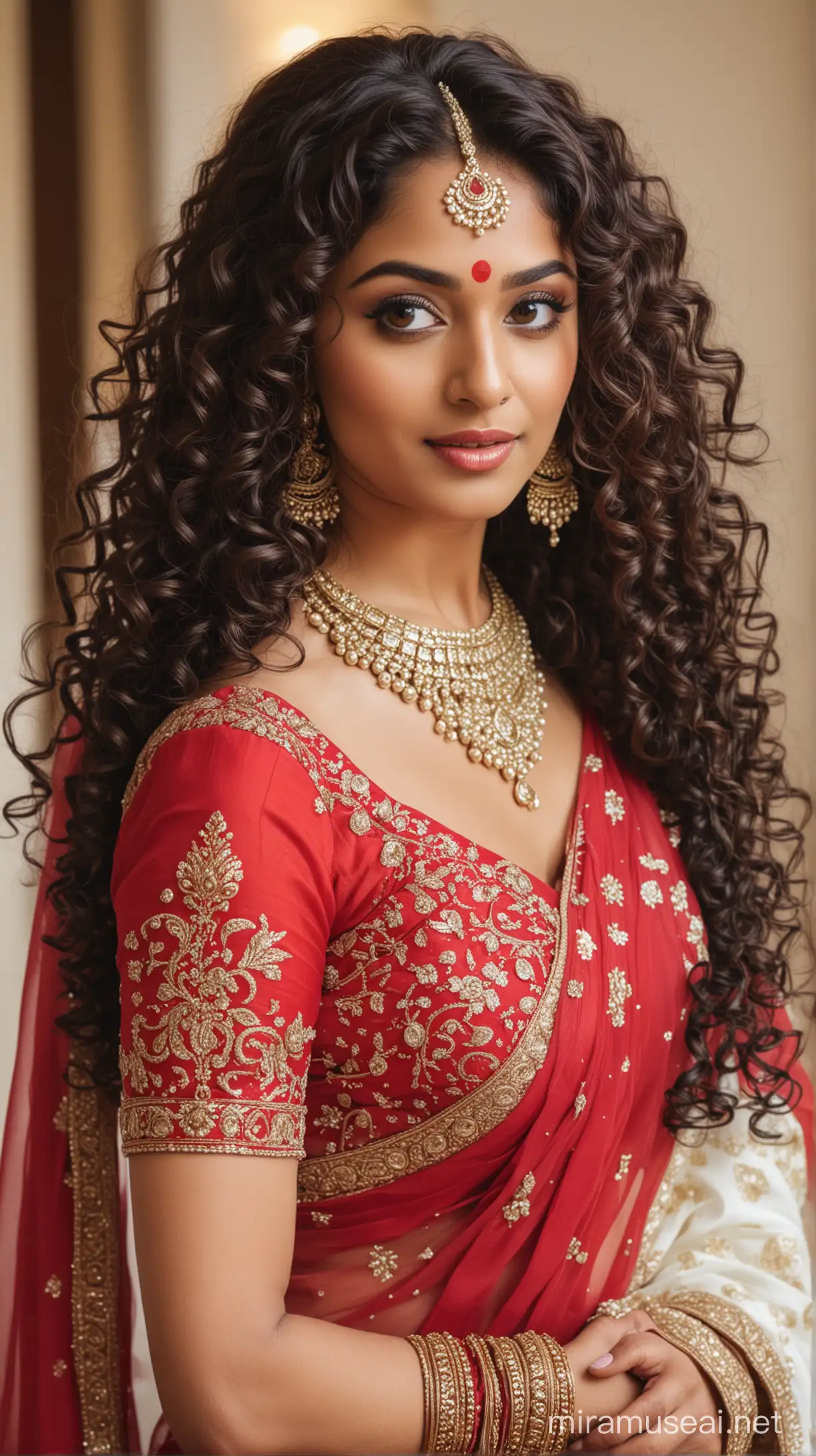 indian bride long curly hair, red saree and white ornaments