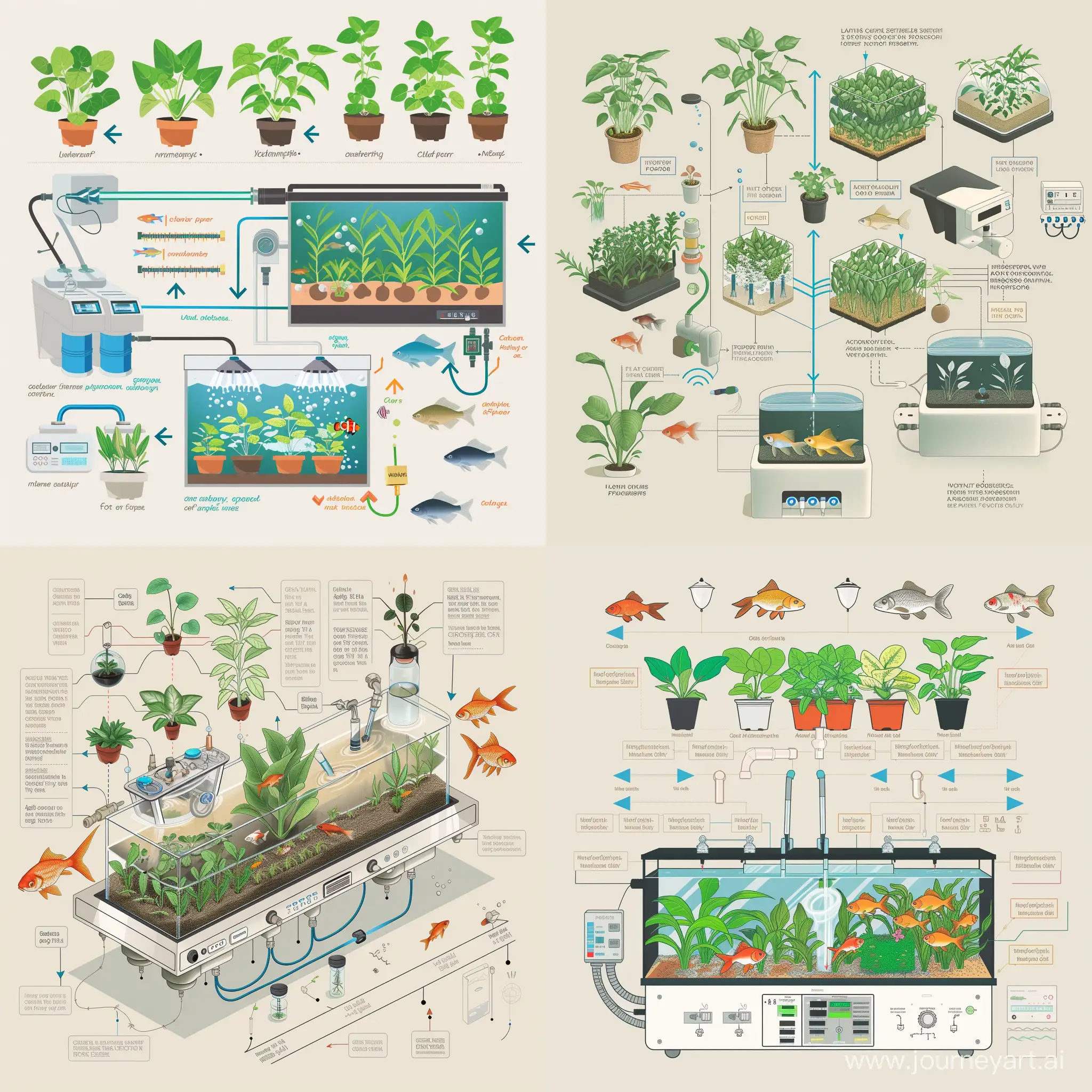 **Image:** A detailed illustration of a hydroponic system with various components labeled for clarity.  **Labels:**  * **Plants:** Include diverse varieties of plants growing at different stages, representing different genders and ethnicities (e.g., leafy greens, herbs, small fruiting plants). * **Fish tank:** Clearly labeled with fish of various sizes and colors (e.g., goldfish, guppies, tetras). * **Grow lights:** Depicted as bright, energy-efficient lights positioned strategically above the plants. * **Water pump:** Shown circulating water through pipes or channels towards the plants and fish tank. * **Nutrient reservoir:** Labeled and visible, containing a balanced nutrient solution for the plants. * **Filter:** Illustrated as a component cleaning the water in the fish tank. * **Control panel:** Optional, but if included, show it displaying system settings.  **Arrows:** Use blue arrows to illustrate the flow of clean water from the reservoir to the plants and fish tank. Use green arrows to depict the flow of nutrient-rich water back to the reservoir.  **Background:** Choose a neutral background color like light grey or beige to make the labeled components stand out.  **Additional details:**  * Ensure the plants and fish are drawn to scale for a realistic representation. * Consider adding subtle textures to different components for visual interest. * Maintain a clean and uncluttered composition for easy understanding. *do not add unreadable writing
