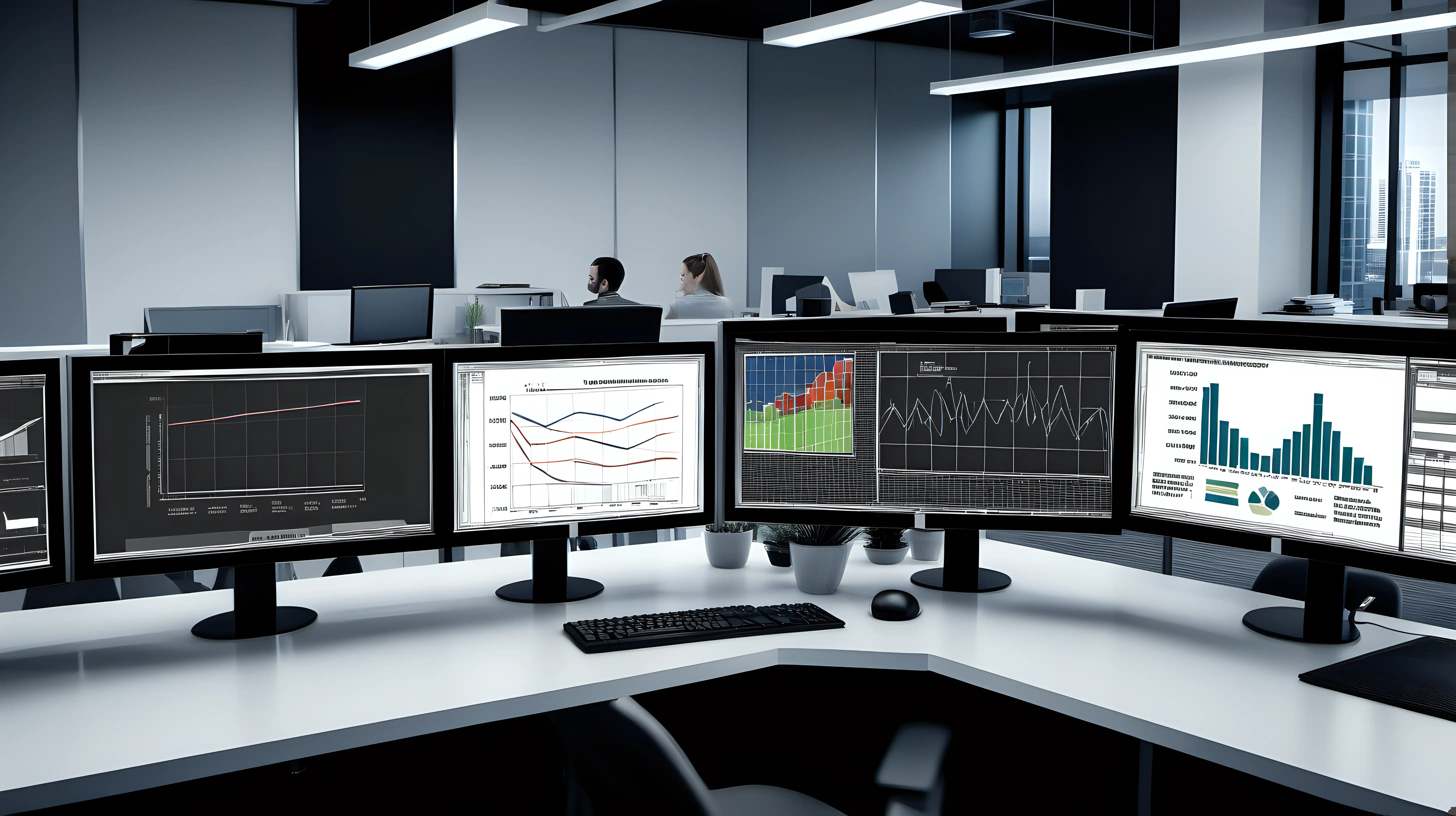 Position the camera at a moderate distance to capture the entire workspace, emphasizing the person at the computer with graphs and charts visible on the screen, providing a comprehensive view of their professional environment.