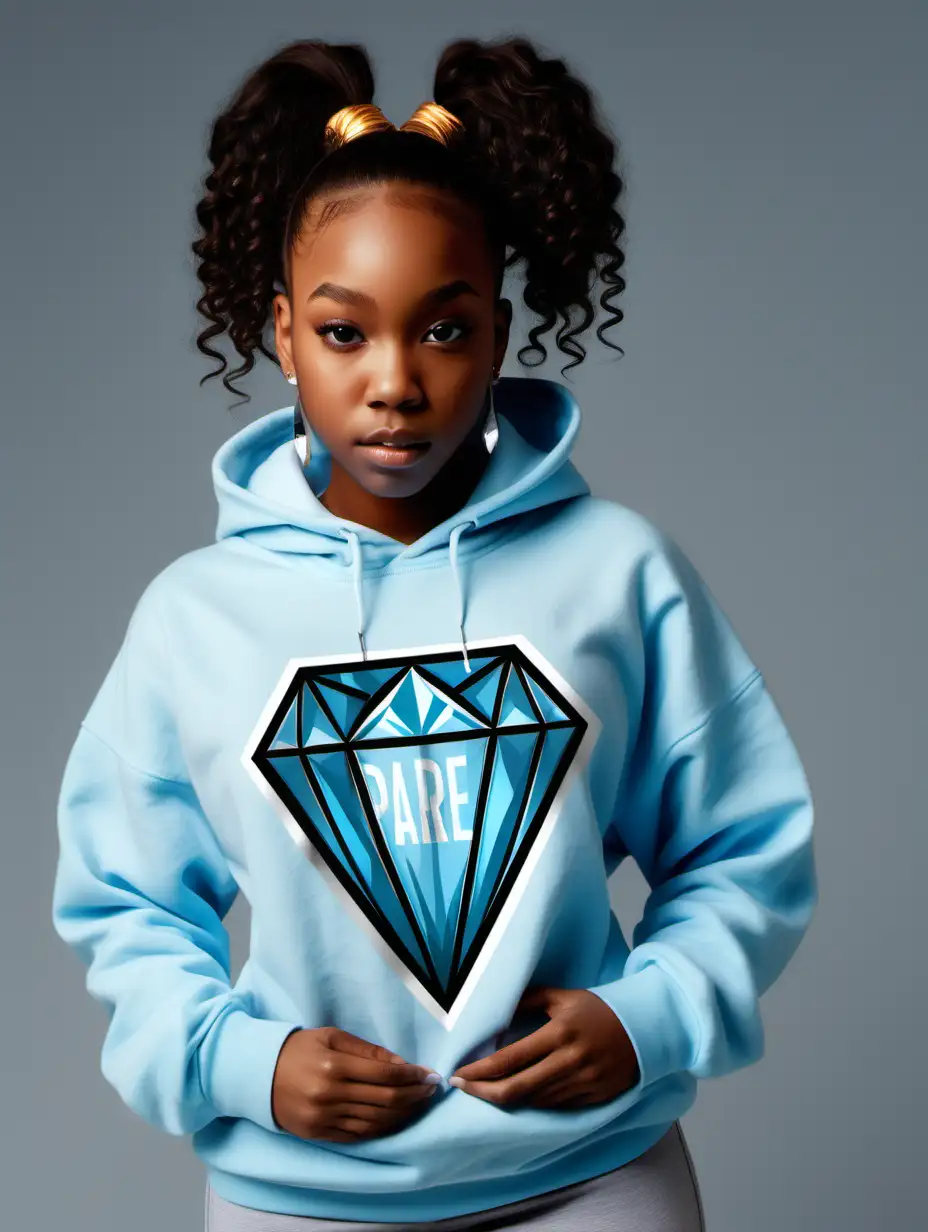  a young African American female encased inside of a large diamond, her hair is in a ponytail, she has on a light blue hoodie that say "Rare" on the front.