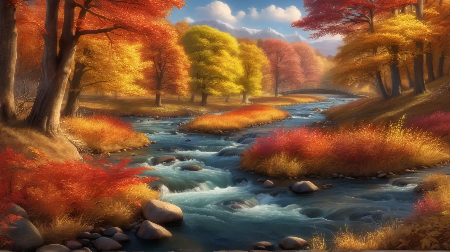 "Showcase the symphony of autumn: a winding river flanked by trees ablaze with the vibrant colors of the season."