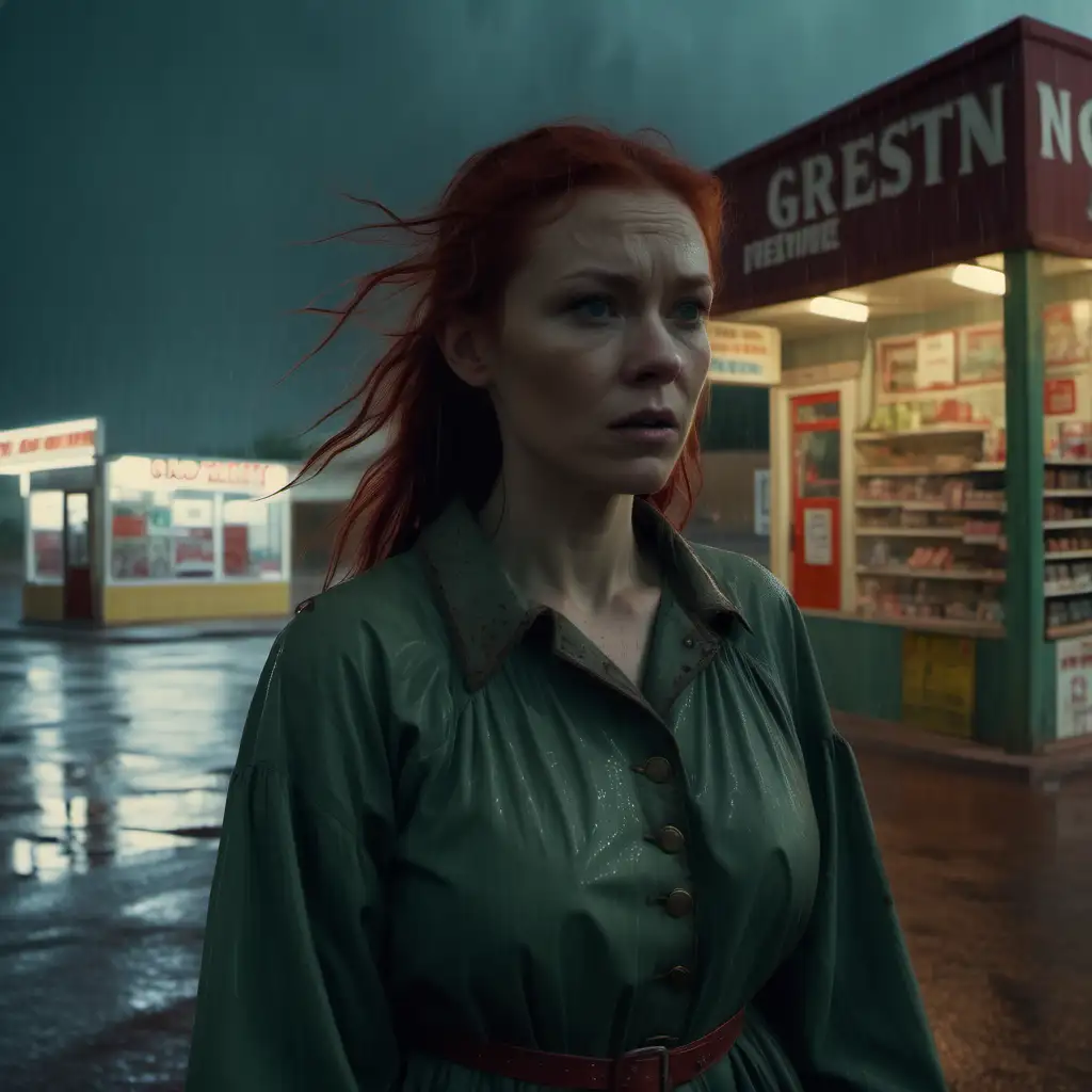Wide shot cinematic. Desert, night time, heavy rainstorm.  A beautiful Scandinavian woman in old greenish clothes, shoulder length red hair, walks into an old fashioned, western motif, Convenience store 