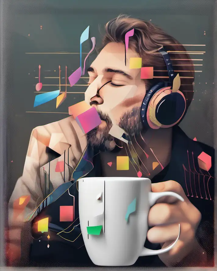 a man enjoy hear music notes in his ears he holds his mug colourful polygons line shape 