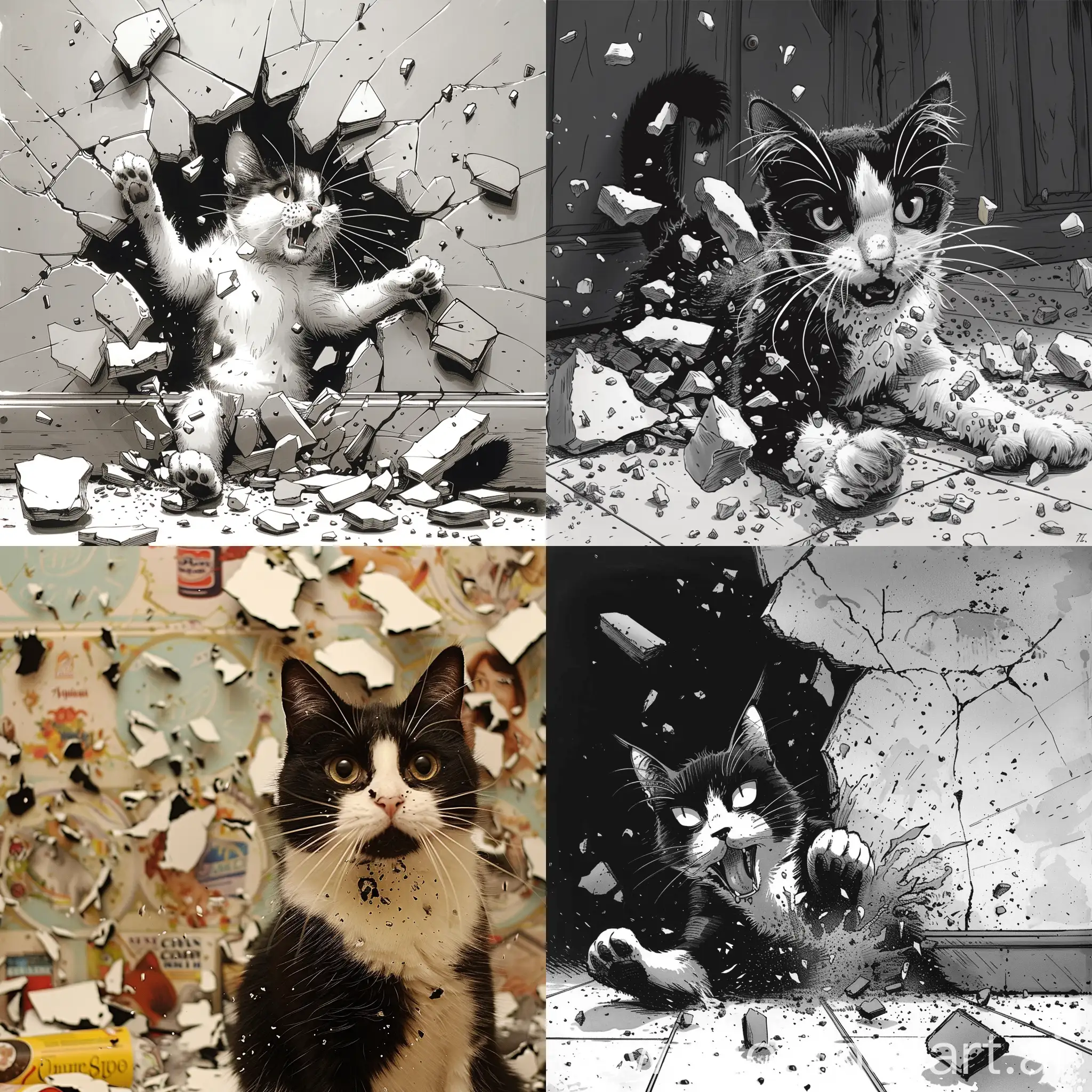 Playful-Cat-Playfully-Ripping-Wallpaper-in-Comic-Black-and-White-Scene