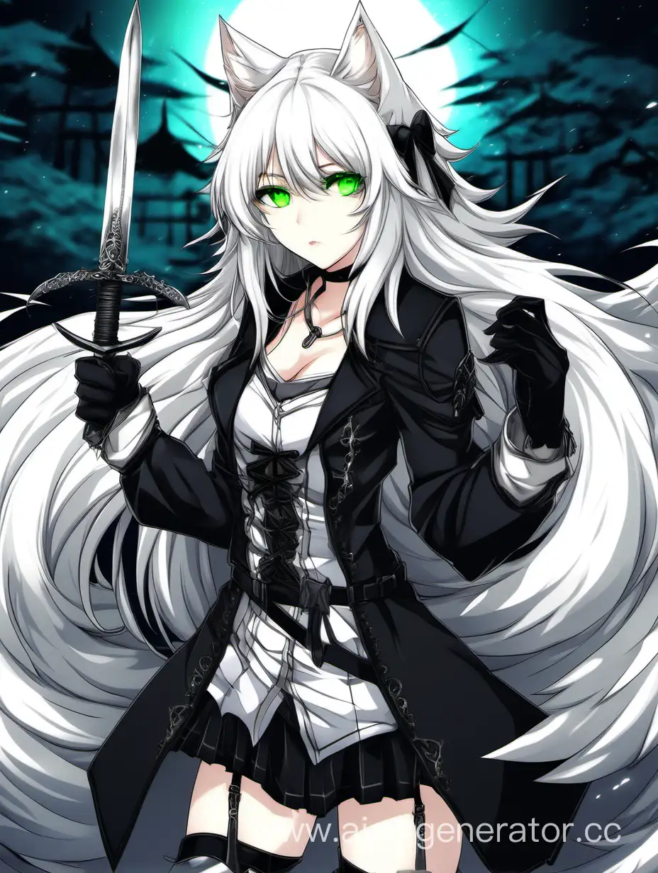 аниме, девушка, белые волосы, зелёные глаза, белые волчьи уши, белый волчий хвост, чёрная готическая одежда, держит два меча, 4к