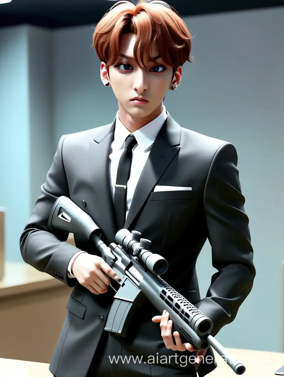 Jungkook from BTS. Aim a sniper rifle at you. in full growth. in a business suit