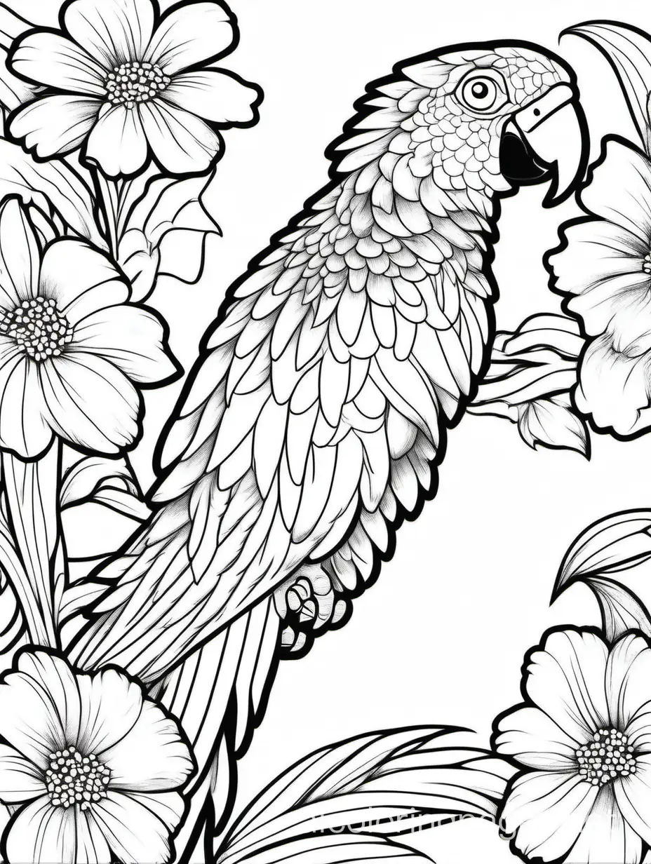 Parrot  in flowers for adults for women, Coloring Page, black and white, line art, white background, Simplicity, Ample White Space. The background of the coloring page is plain white to make it easy for young children to color within the lines. The outlines of all the subjects are easy to distinguish, making it simple for kids to color without too much difficulty