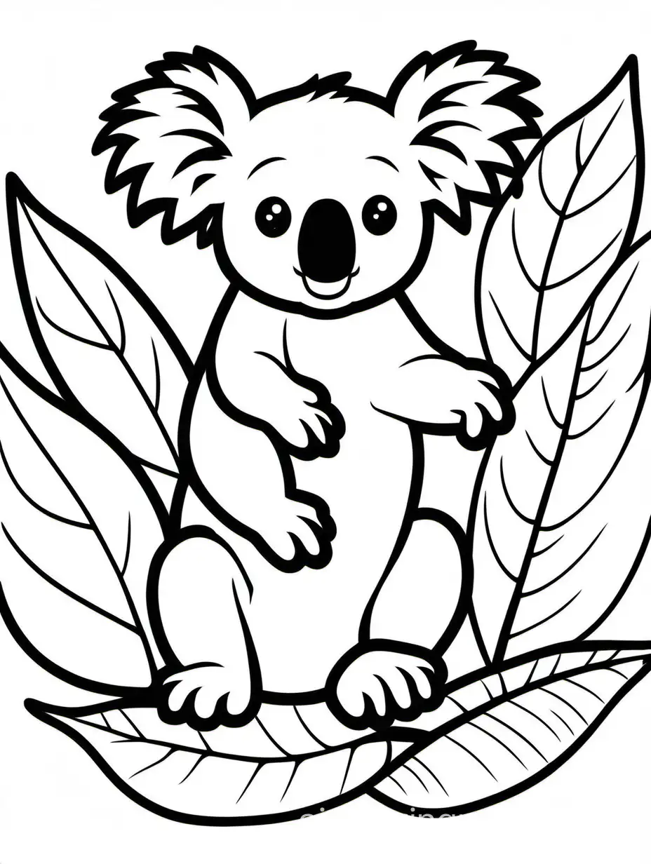 baby koala, Coloring Page, black and white, line art, white background, Simplicity, Ample White Space. The background of the coloring page is plain white to make it easy for young children to color within the lines. The outlines of all the subjects are easy to distinguish, making it simple for kids to color without too much difficulty