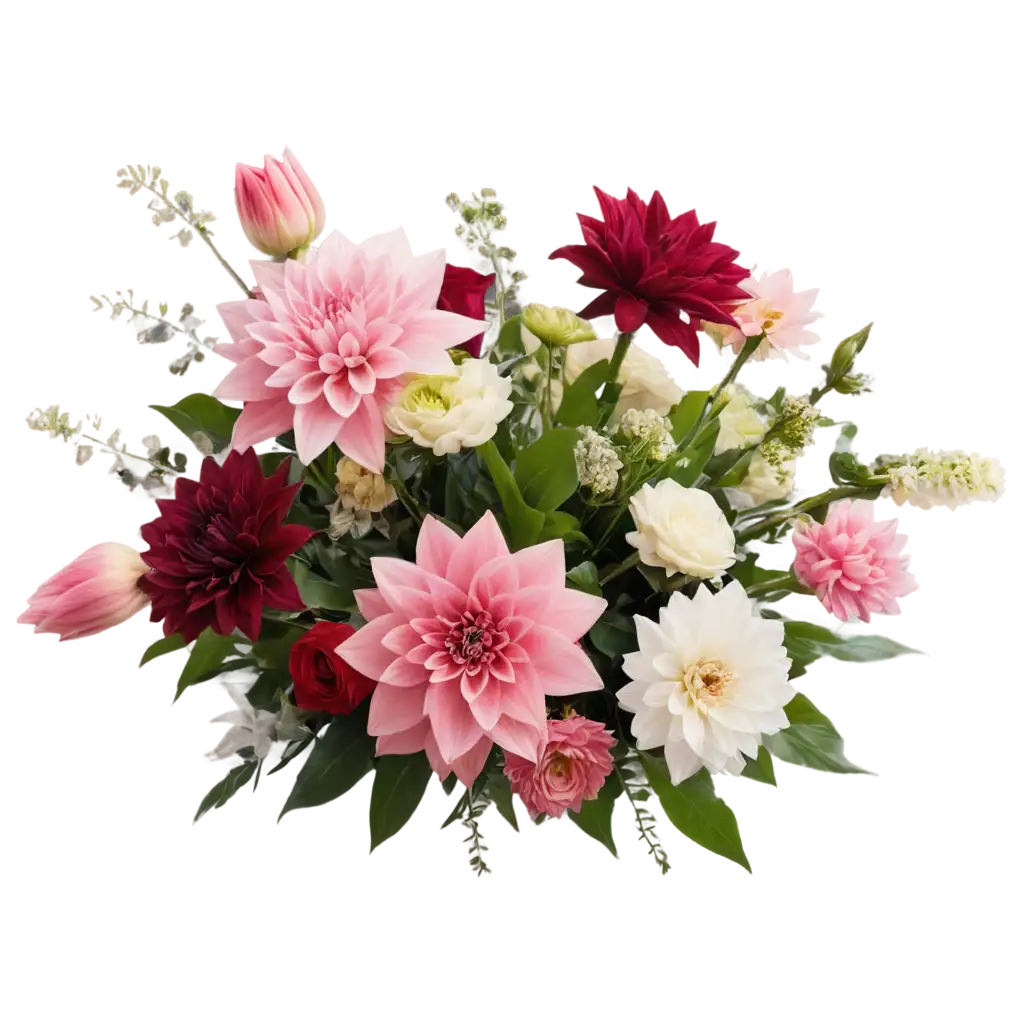 A bouquet of vibrant (pink, red, and white flowers including roses, dahlias, and other floral elements arranged in a lush, romantic composition)