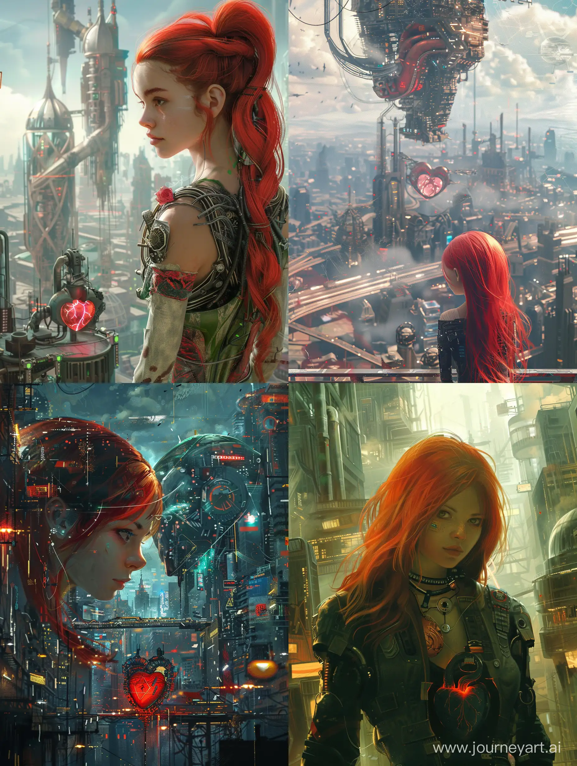 fantasy, девушка с рыжыми волосами механическое сердце город будущего 