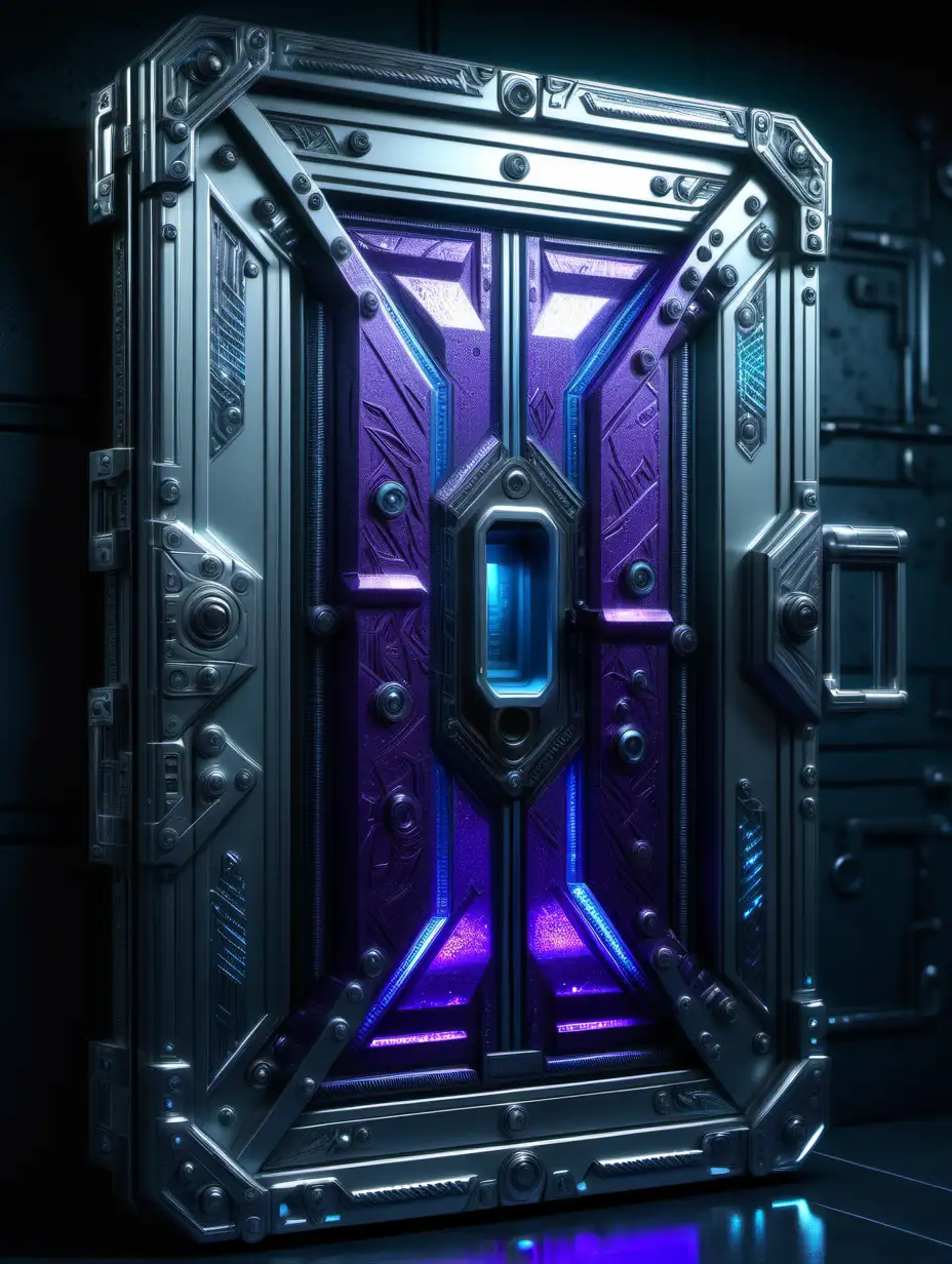 freezer Storage door. large titanium door. vault lock. diamond encrusted rim. biometric scanner. cyberpunk. very intricately and microscopically detailed. reflective surface. dark and shadowy. cold temperature. silver, purple, black, neon blue.