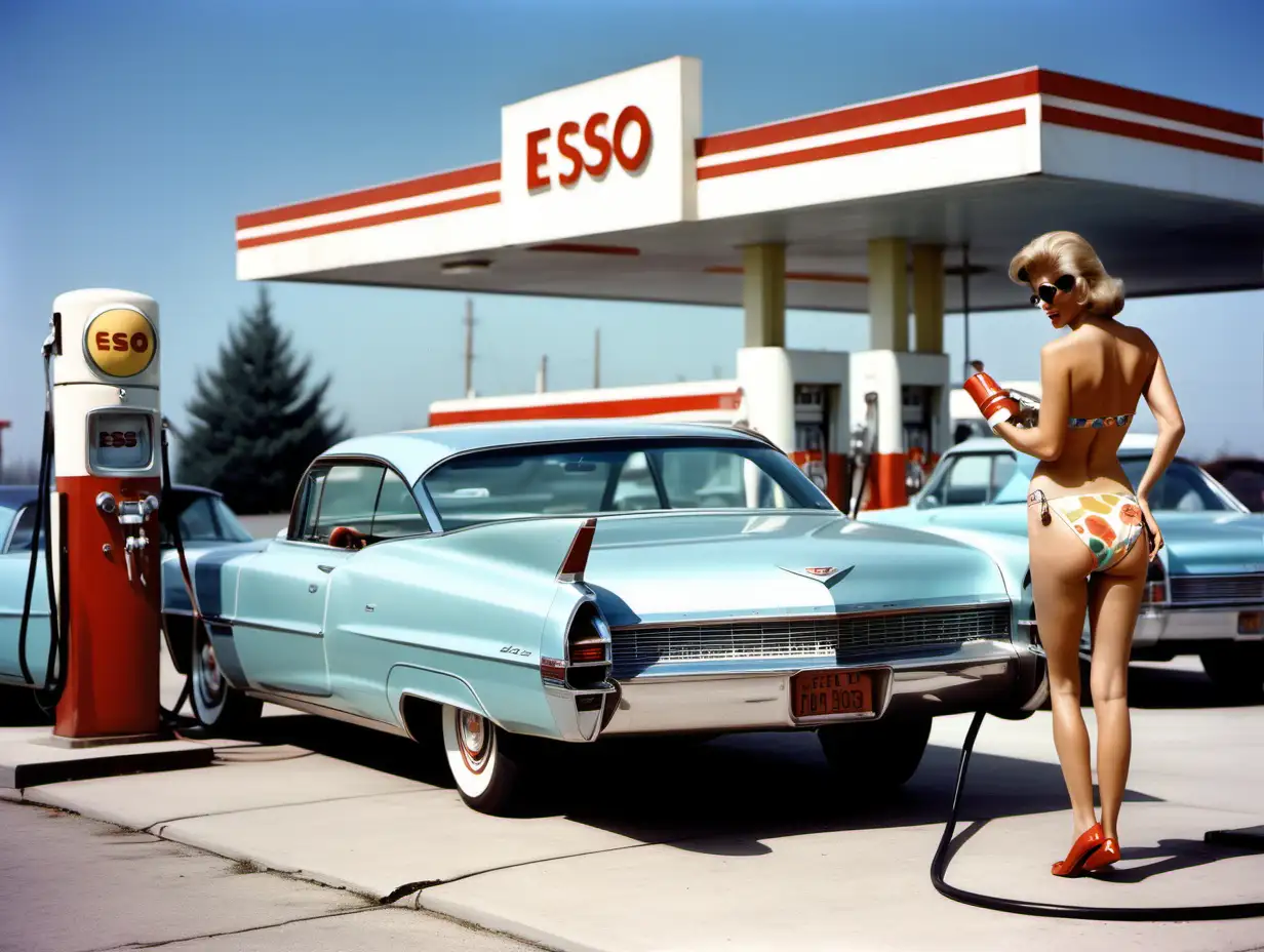 Vintage 1960s Scene BikiniClad Woman Refueling Cadillac at ESSO Gas Station