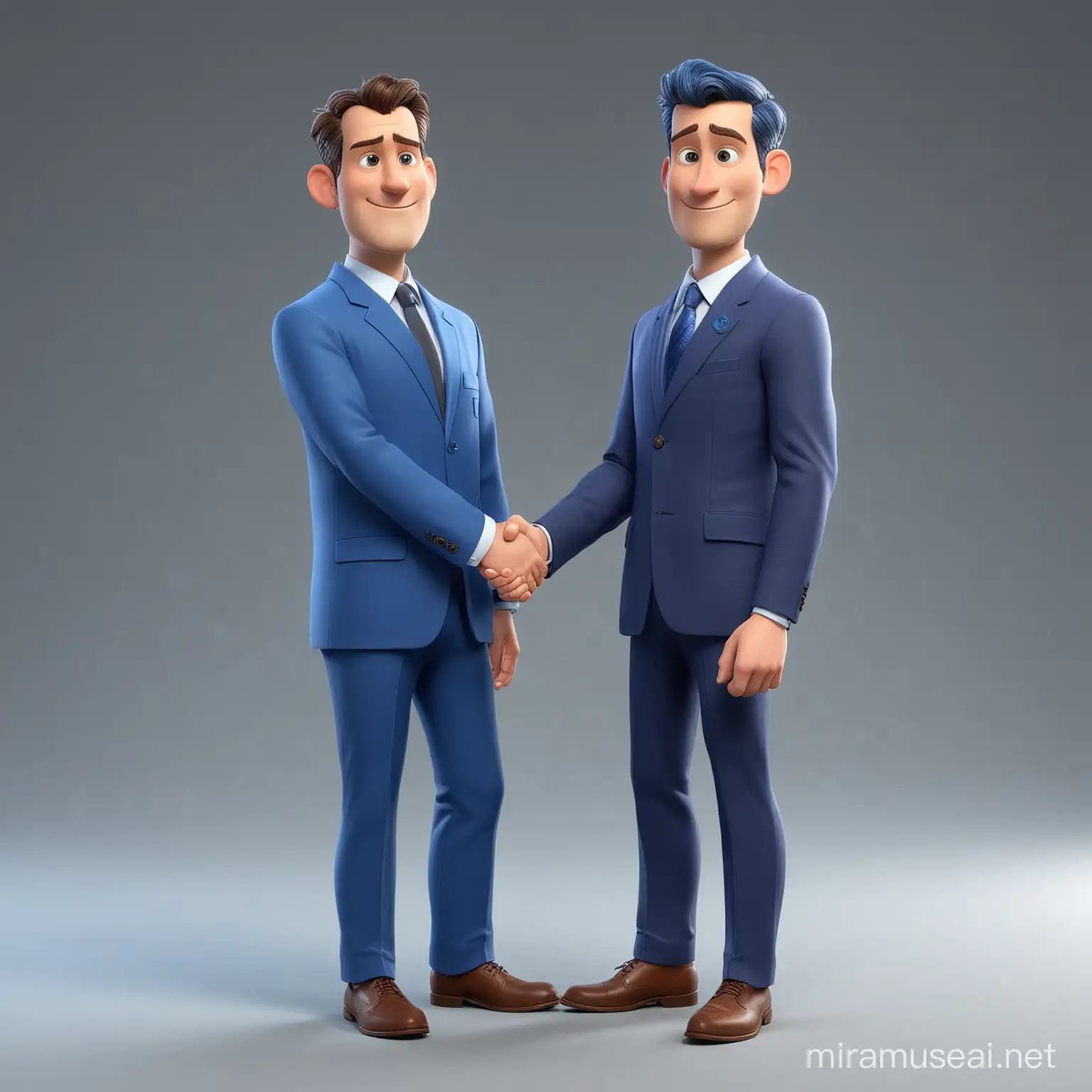 man wearing blue suit  two different man character one man guest's handshaking 3d Pixar 