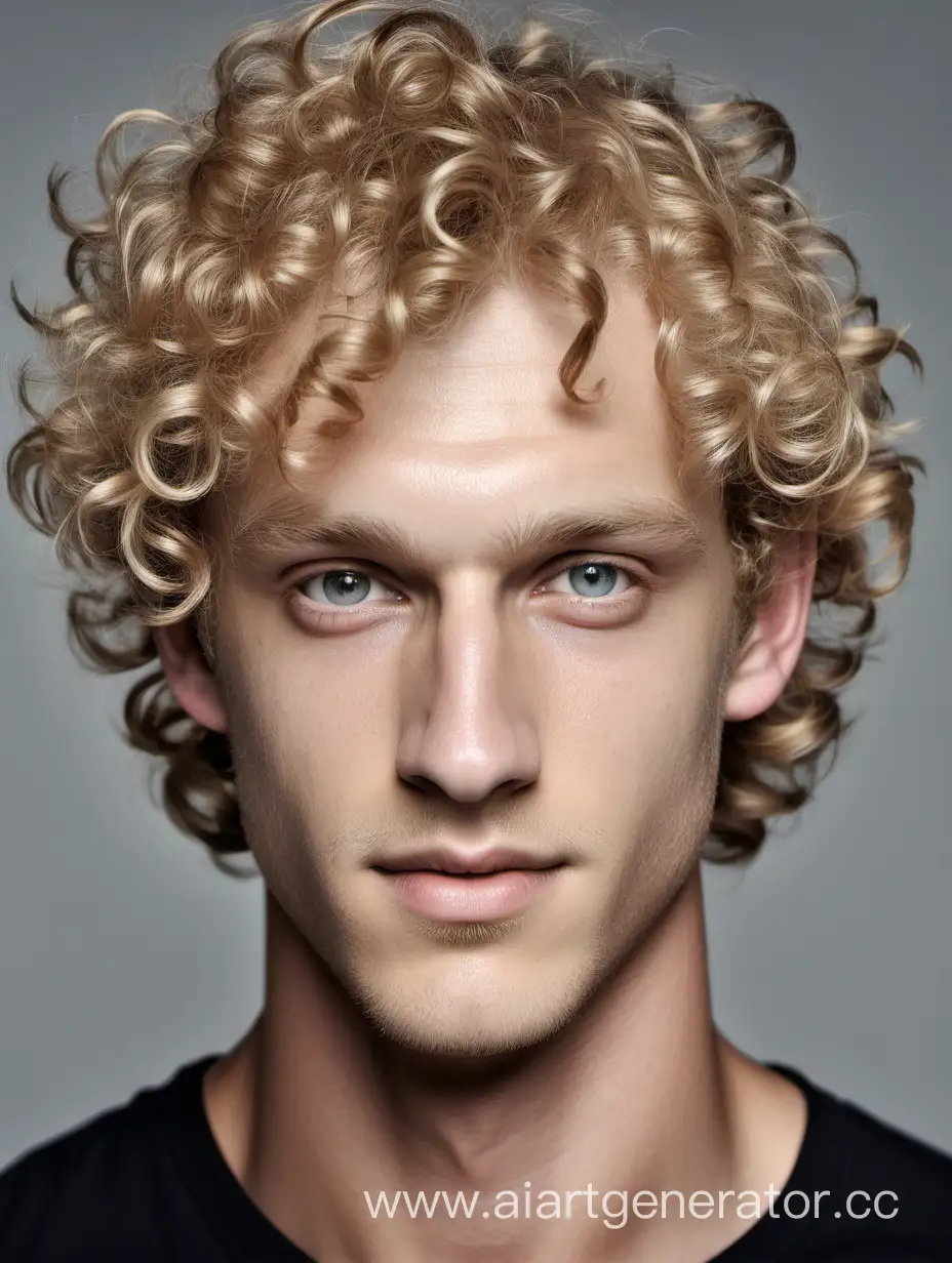 мужчина блондин с вьющимися волосами, серые глаза, модельные черты лица, позирует, тонкий нос