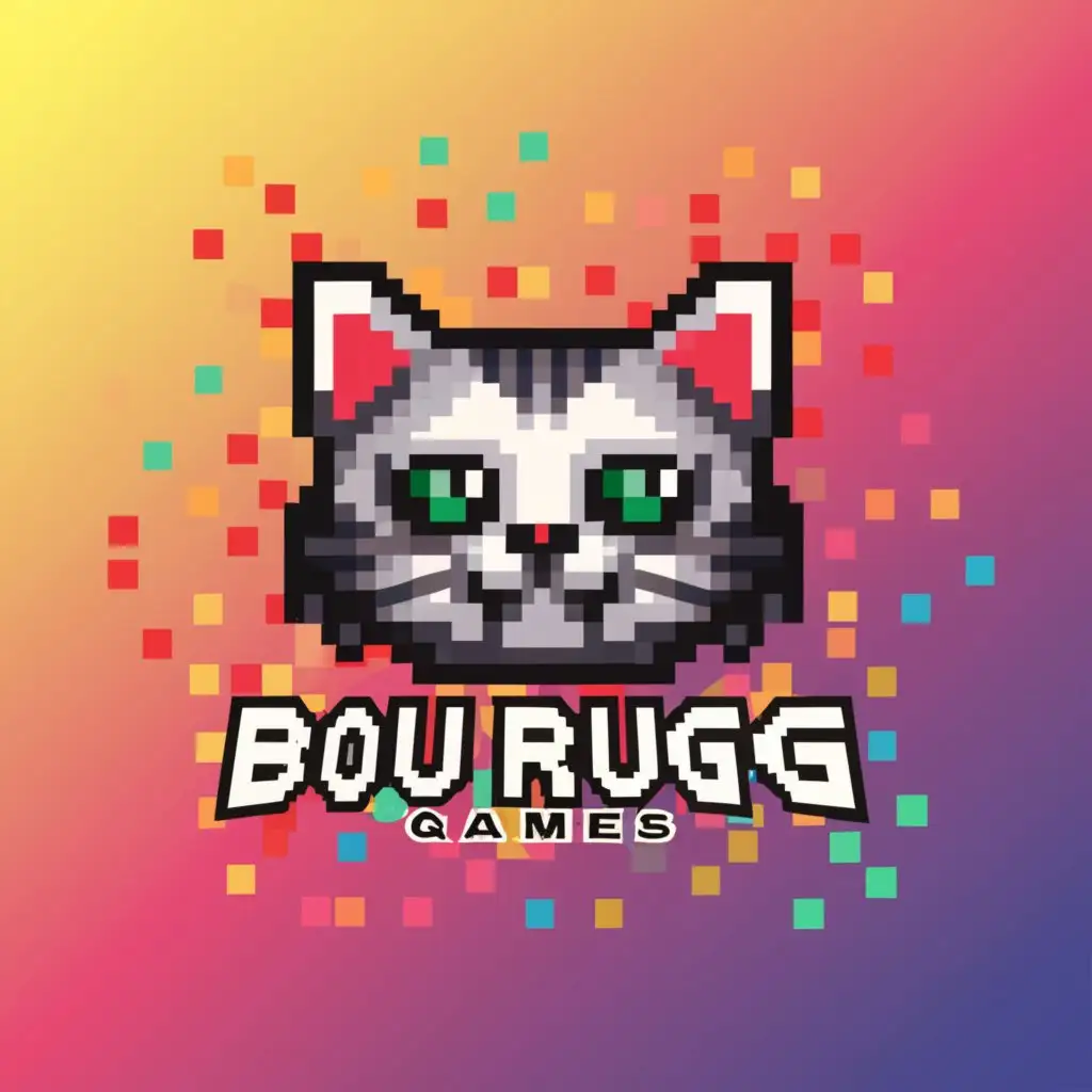 a logo design,with the text "Bourg Games", main symbol:Cat with keypads on the cheeks pixelated,Moderate,clear background