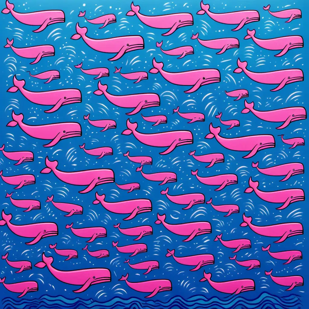 /imagine prompt HAND PRINTED, MANY SMALL PINK WHALES, OCEANIC ALGORITHMS, WHALE INTELLIGENCE SIMULATION, BLUE WATER BACKGROUND