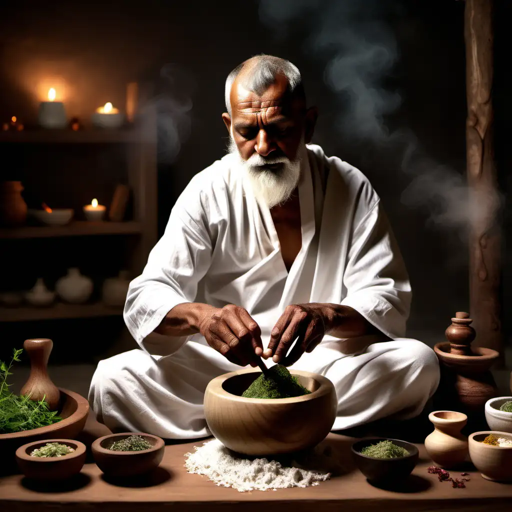 Serene Ayurvedic Yogi Preparing Glowing Herbal Medicine