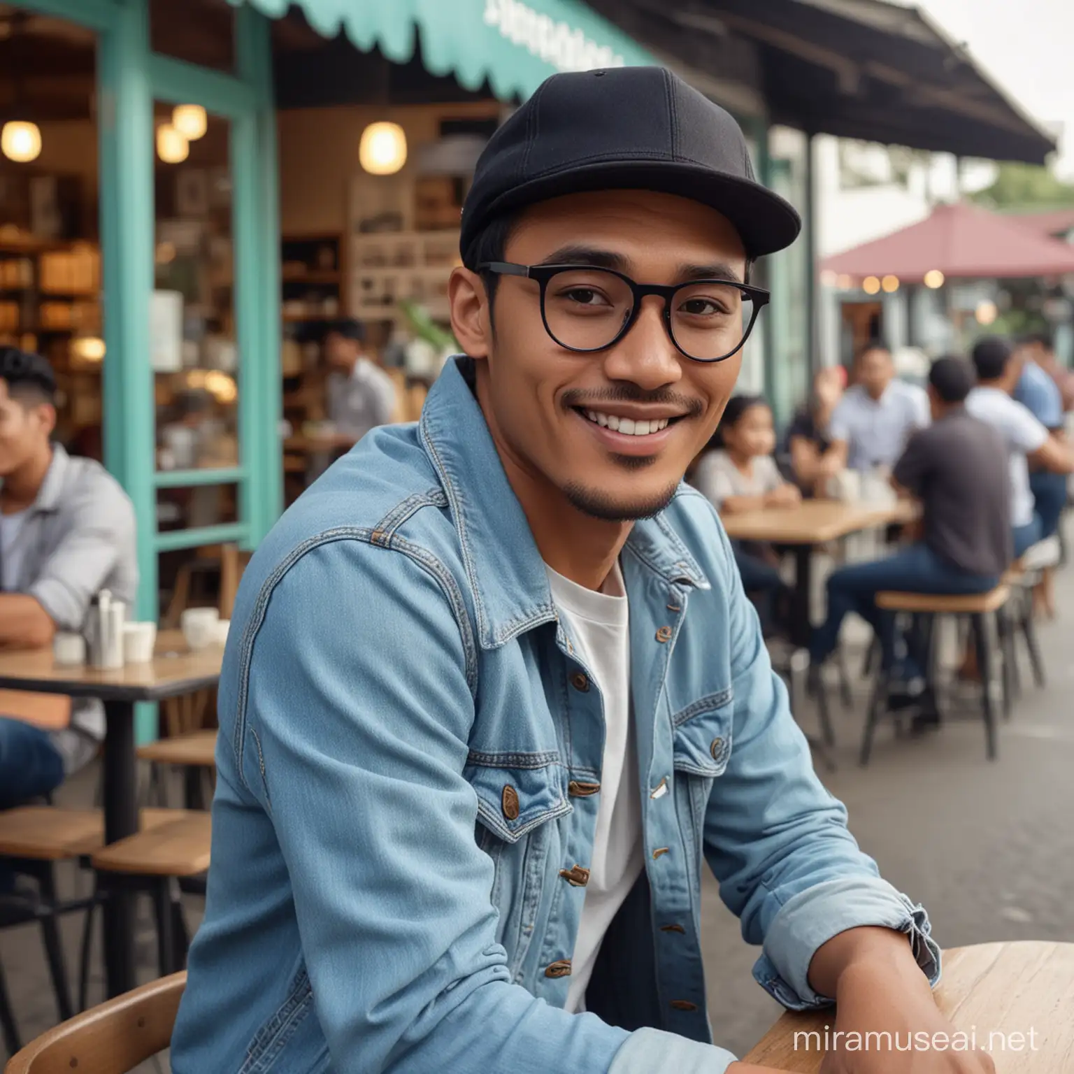 Seorang pria indonesia tampan dan bersih berusia 30 tahun, memakai dad hat kaca mata pantos hitam ,berwajah ramah memakai jaket jeans biru muda,celana jeans.,memandang ke kamera, di warung kopi pinggir jalan, di latar belakang, beberapa orang duduk di belakang. gambar asli seperti ultra HD 8K asli